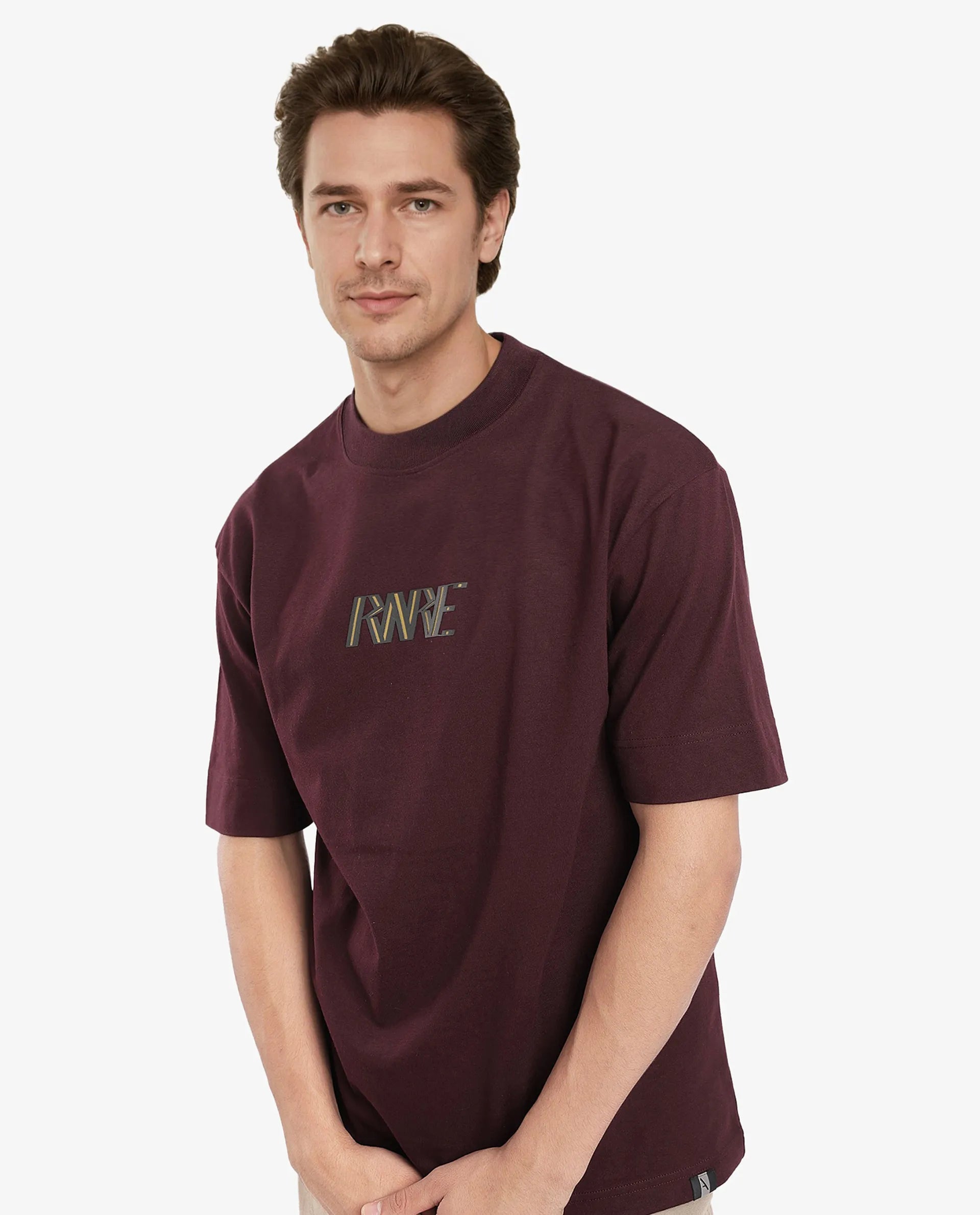 Rare Rabbit Men Harve Brown Cotton Fabric Short Sleeve Crew Neck Boxy Fit Branding Print T-Shirt