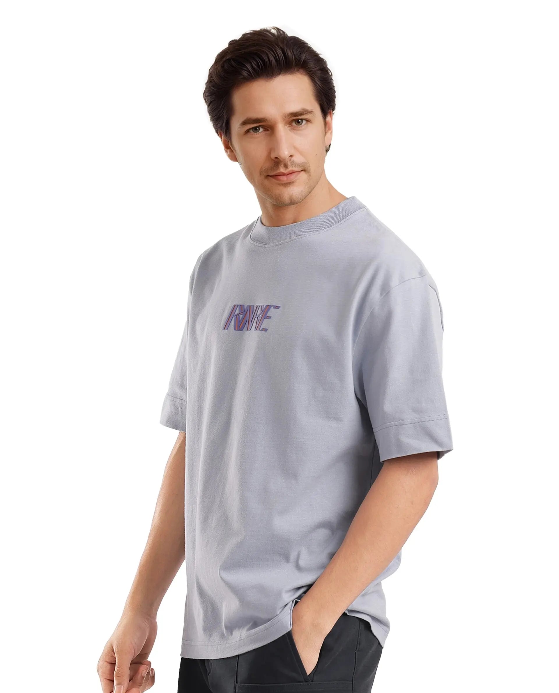 Rare Rabbit Men Harve Light Blue Cotton Fabric Short Sleeve Crew Neck Boxy Fit Printed T-Shirt