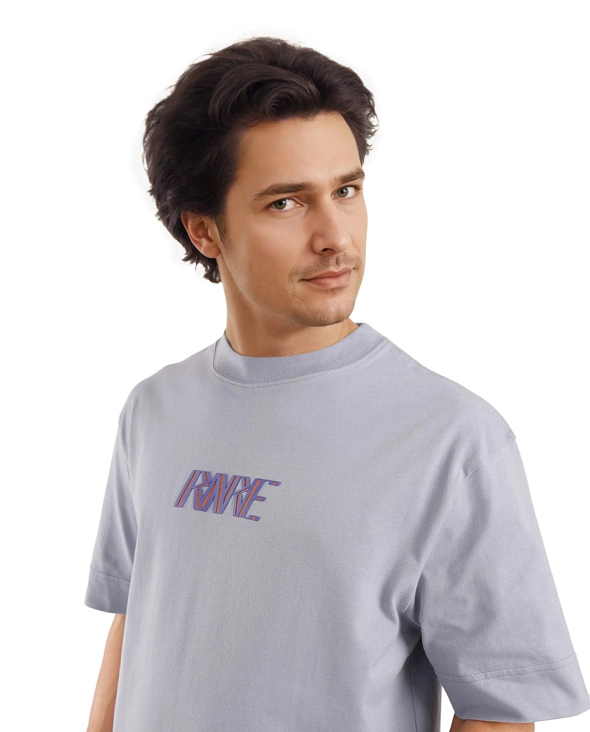 Rare Rabbit Men Harve Light Blue Cotton Fabric Short Sleeve Crew Neck Boxy Fit Printed T-Shirt