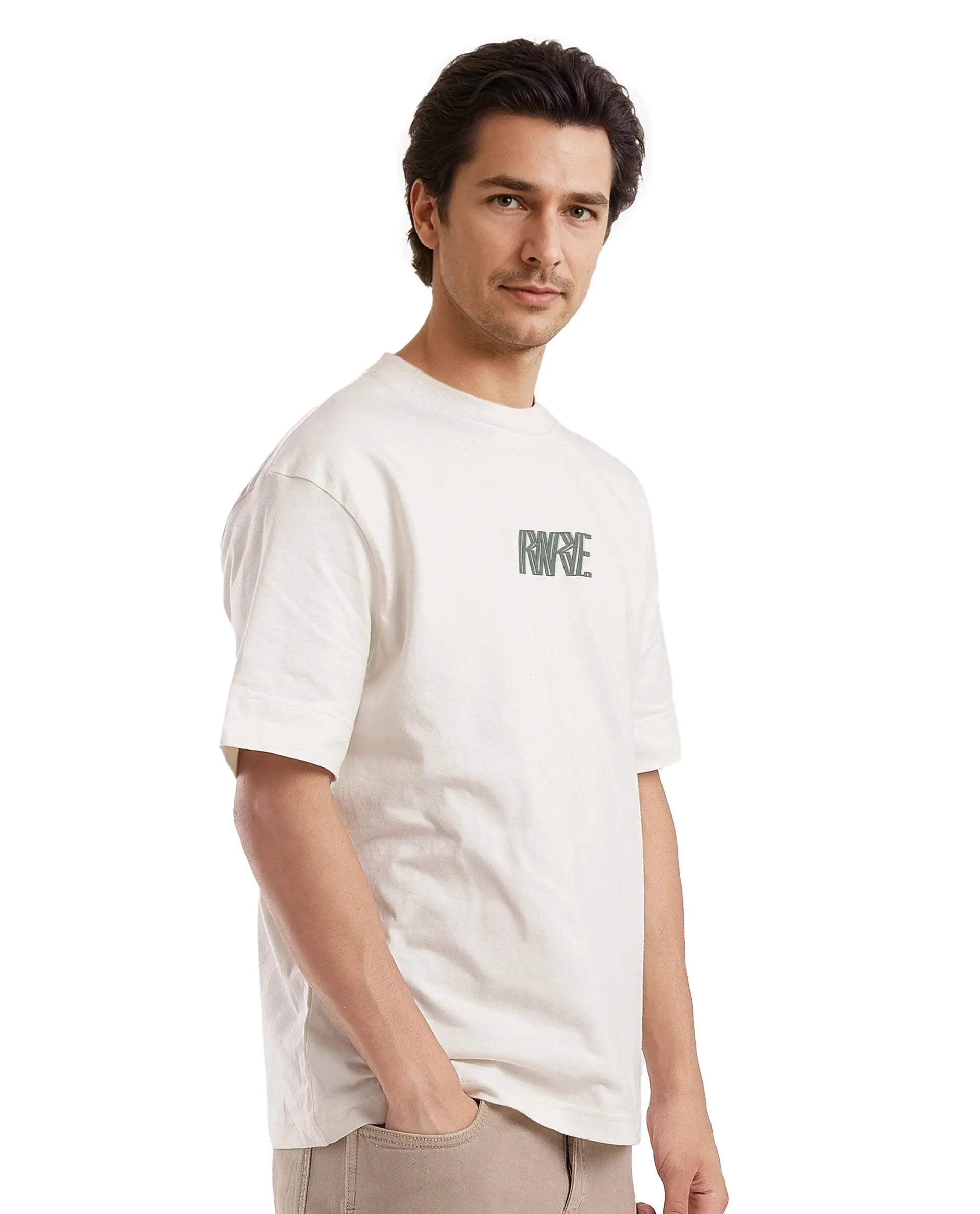 Rare Rabbit Men Harve Off White Cotton Fabric Short Sleeve Crew Neck Boxy Fit Branding Print T-Shirt