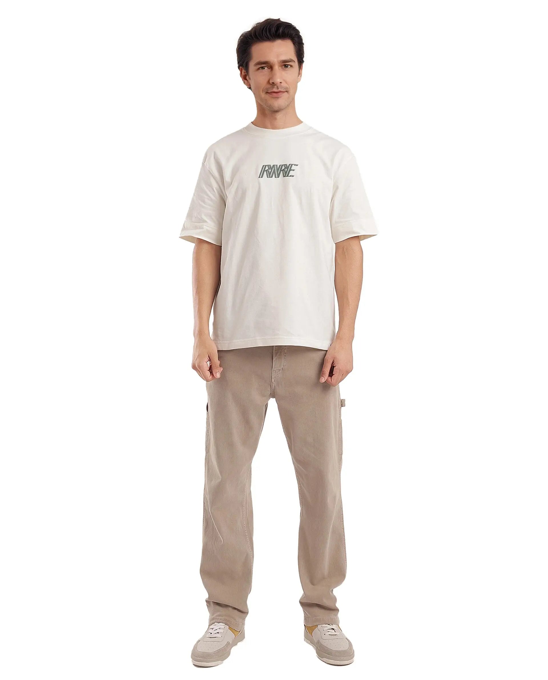 Rare Rabbit Men Harve Off White Cotton Fabric Short Sleeve Crew Neck Boxy Fit Branding Print T-Shirt