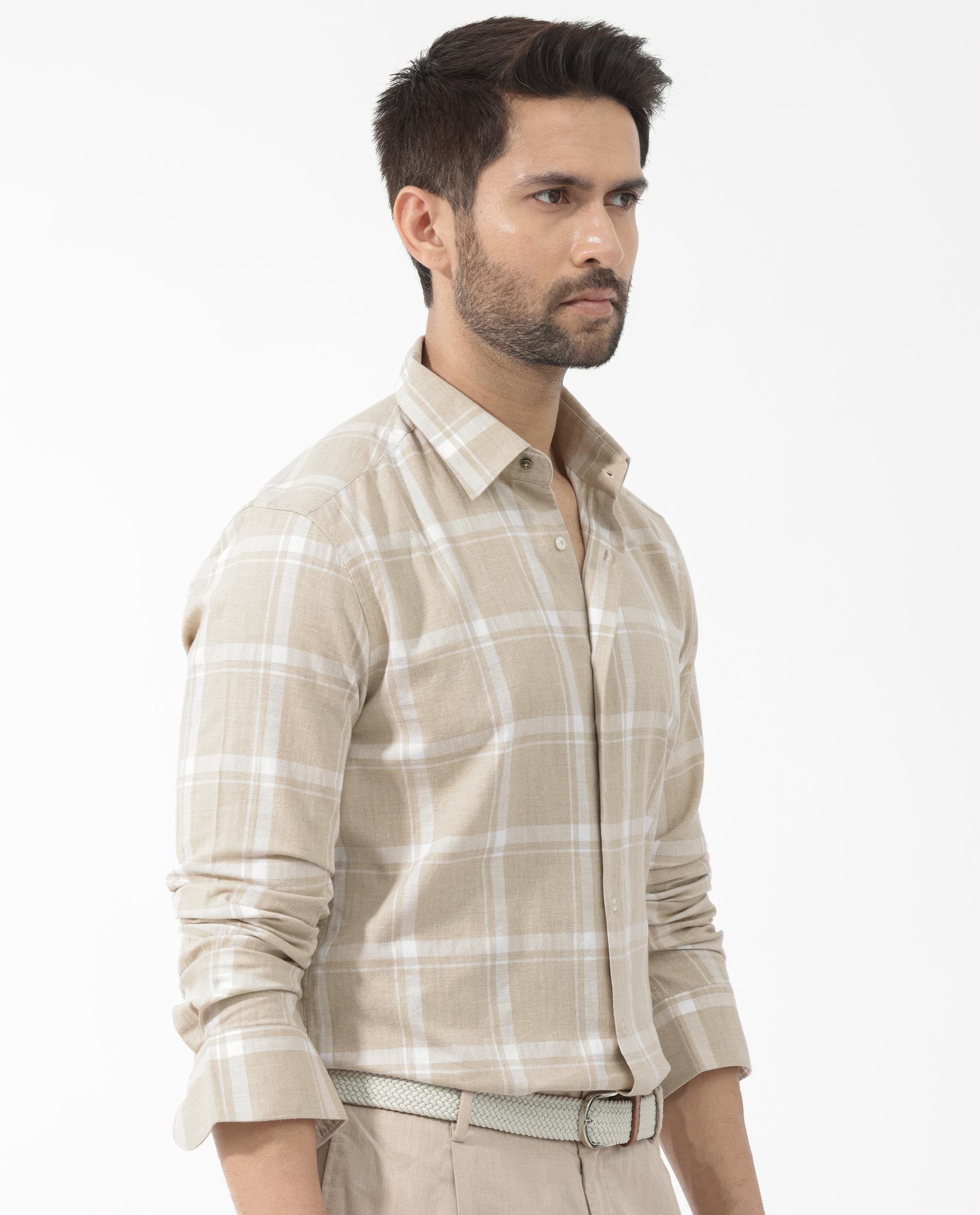 Rare Rabbit Men's Hase Beige Cotton Fabric Full Sleeve Checks Shirt