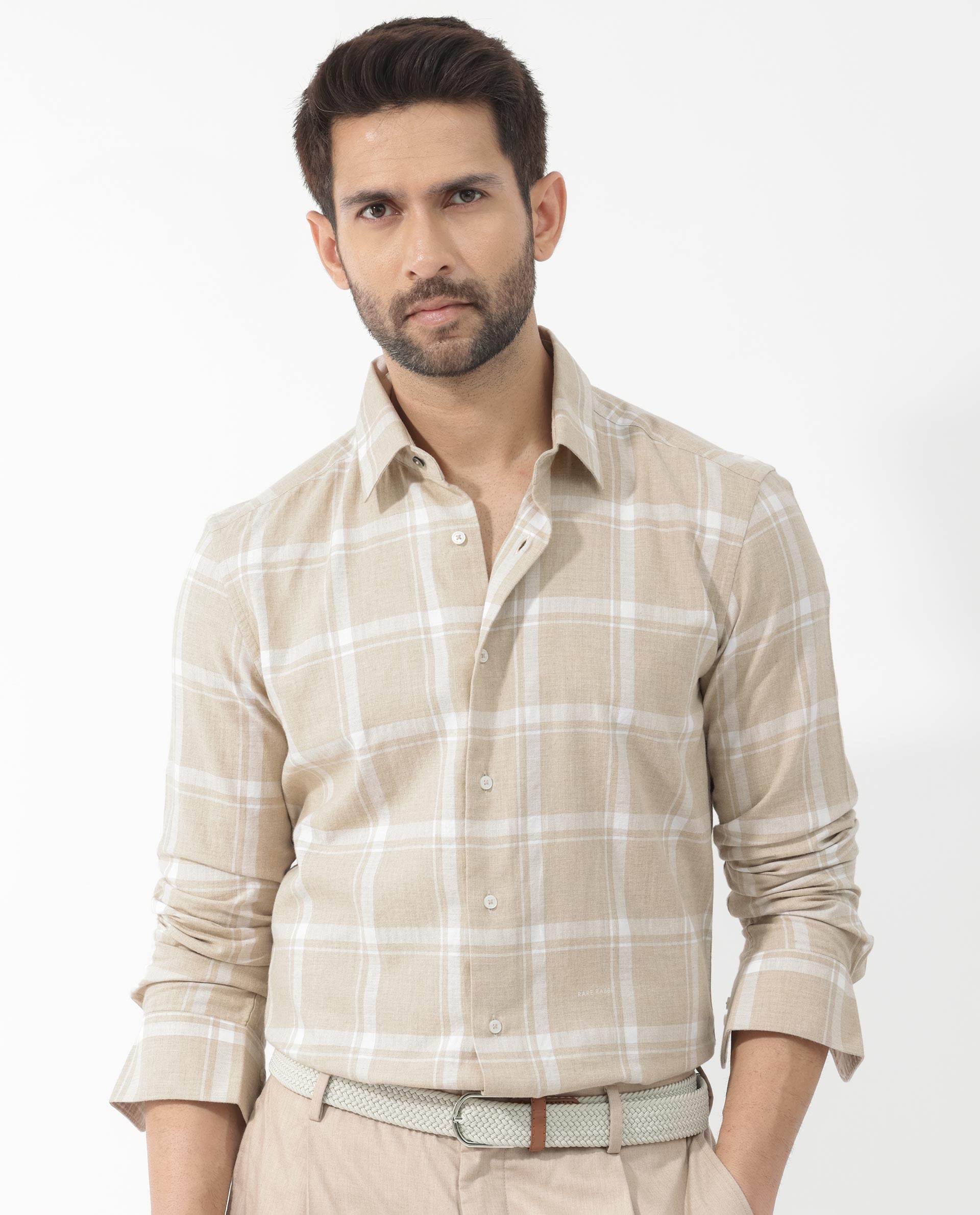 Rare Rabbit Men's Hase Beige Cotton Fabric Full Sleeve Checks Shirt