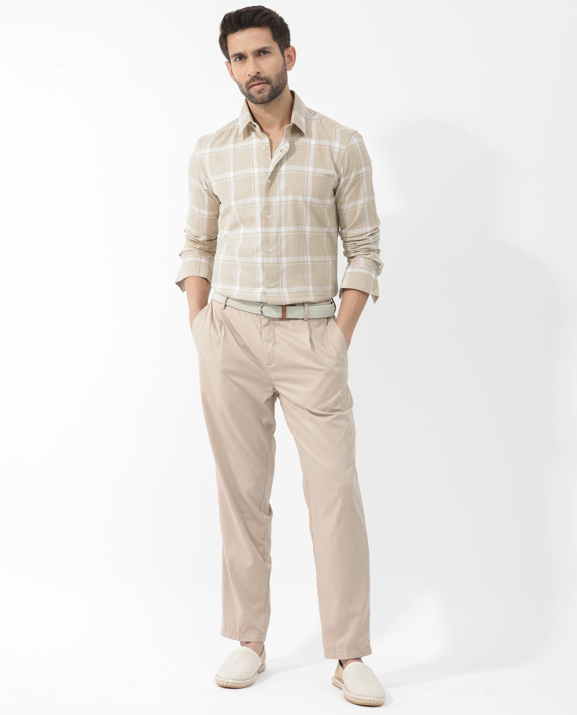 Rare Rabbit Men's Hase Beige Cotton Fabric Full Sleeve Checks Shirt