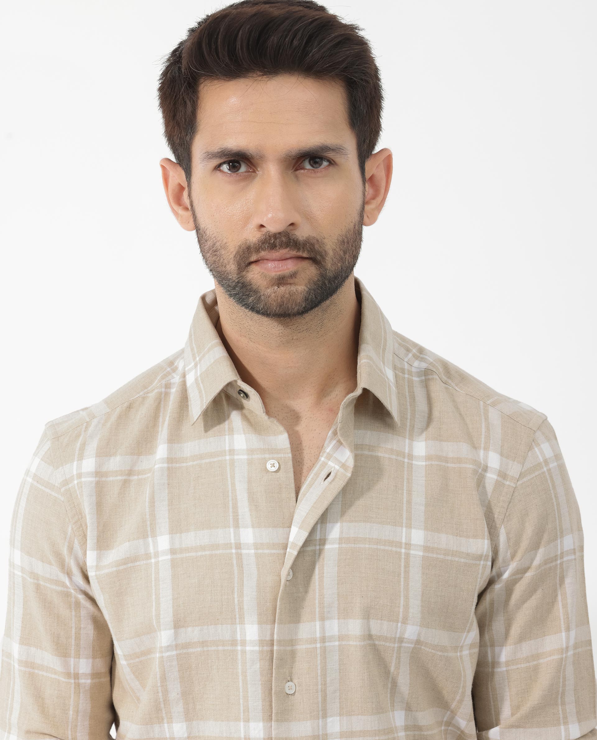 Rare Rabbit Men's Hase Beige Cotton Fabric Full Sleeve Checks Shirt