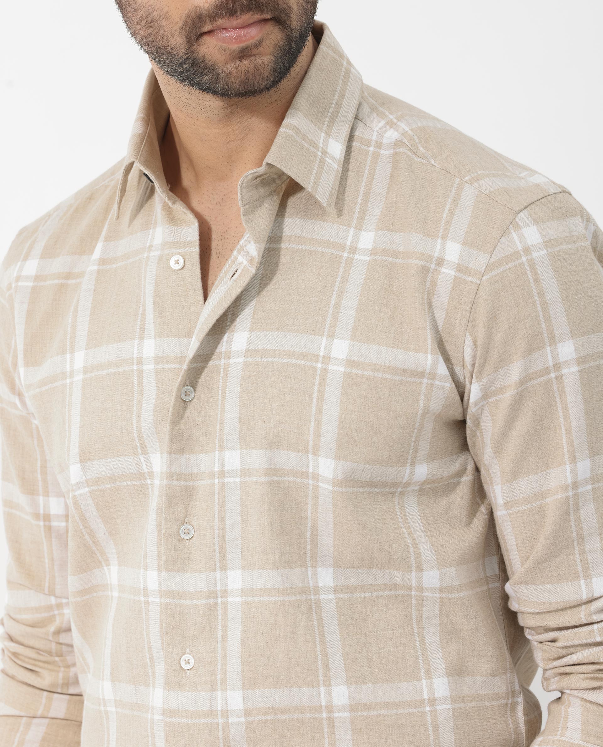 Rare Rabbit Men's Hase Beige Cotton Fabric Full Sleeve Checks Shirt