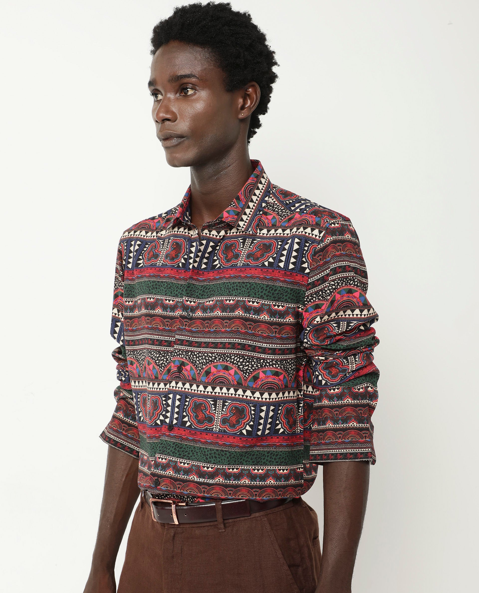 Rare Rabbit Men's Hatham LS Black Viscose Fabric Full Sleeves Regular Fit Abstract Print Shirt