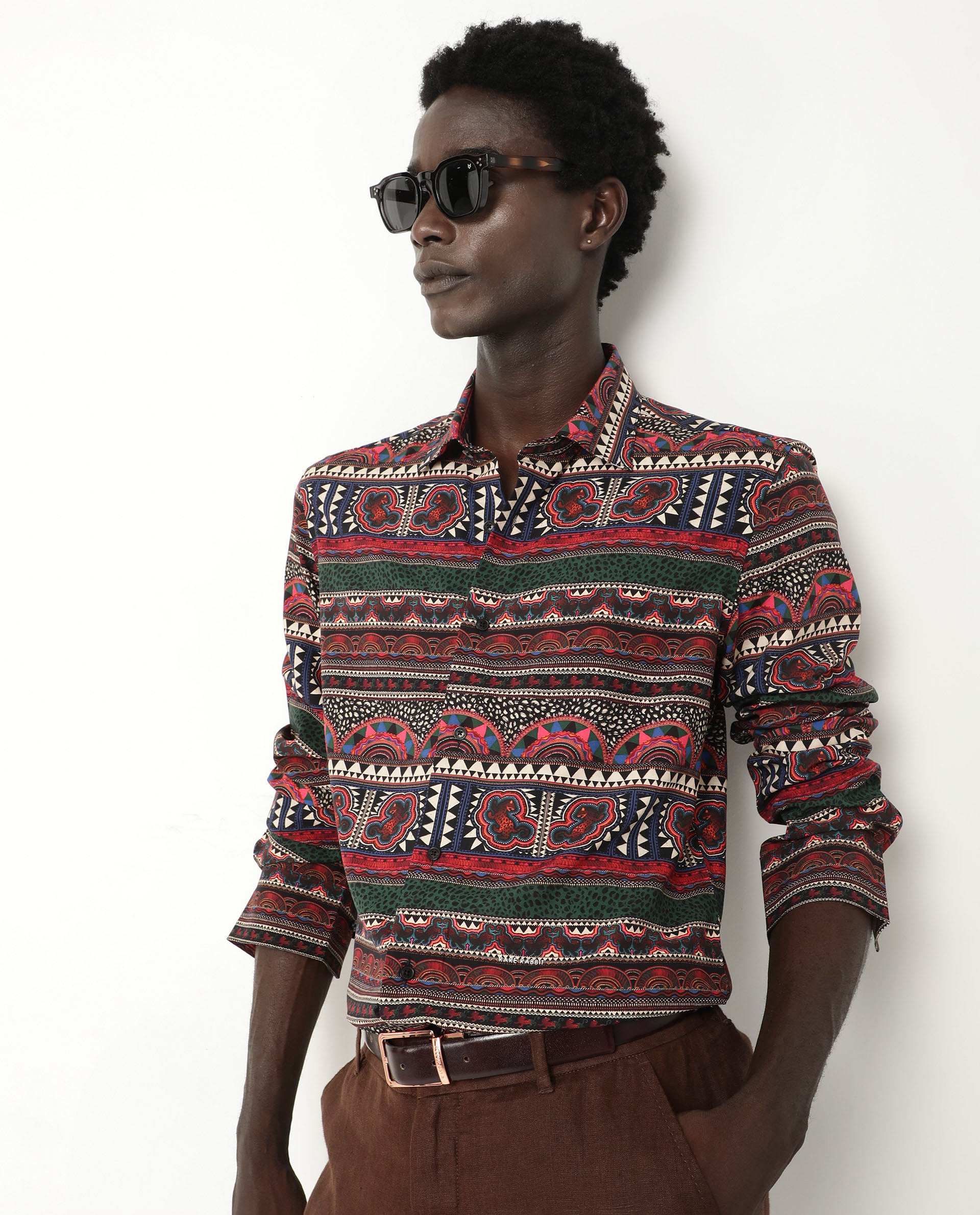 Rare Rabbit Men's Hatham LS Black Viscose Fabric Full Sleeves Regular Fit Abstract Print Shirt