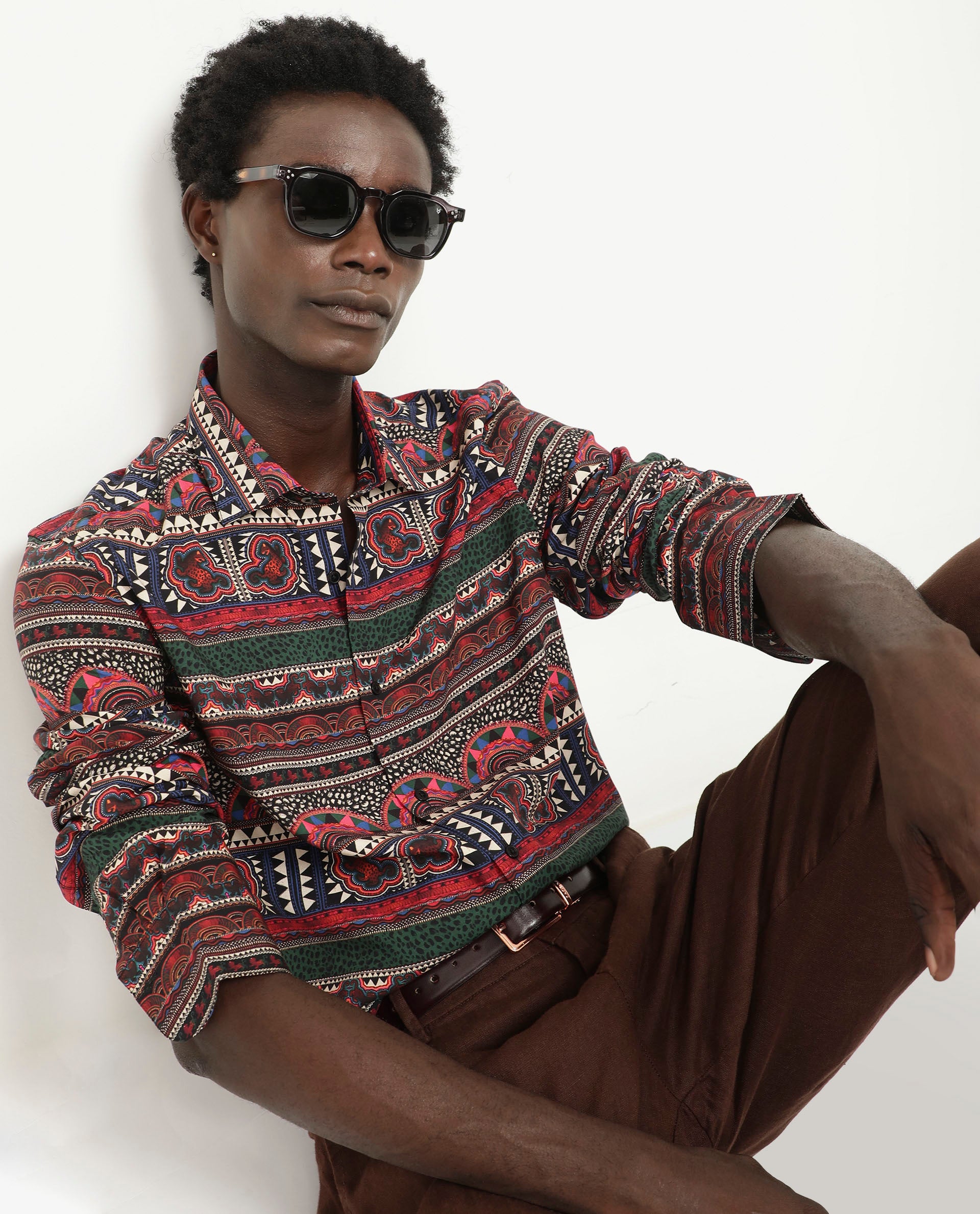 Rare Rabbit Men's Hatham LS Black Viscose Fabric Full Sleeves Regular Fit Abstract Print Shirt