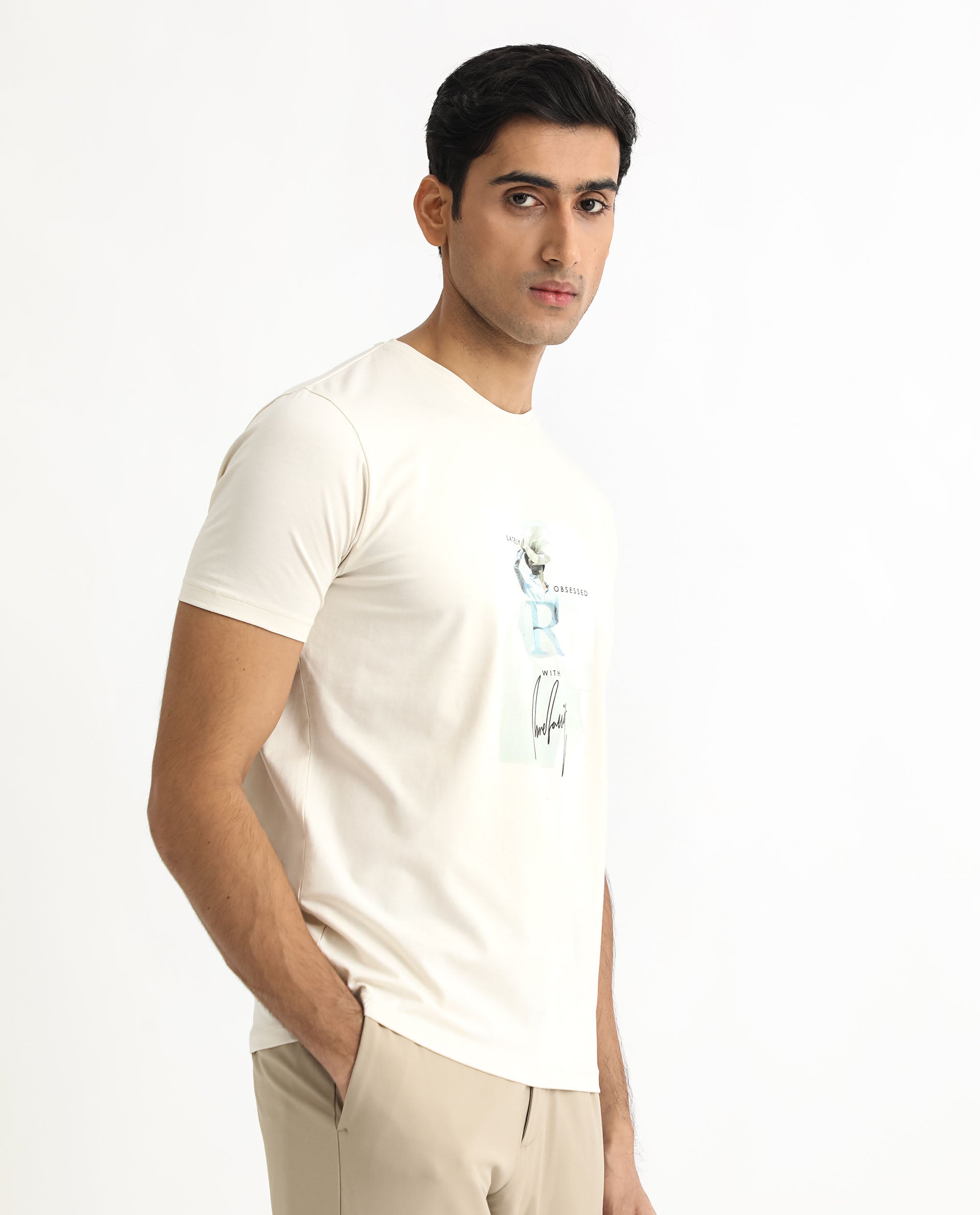 Rare Rabbit Men's Hats Off White Crew Neck Graphic Printed with Brand Signature Half Sleeves Regular Fit T-Shirt