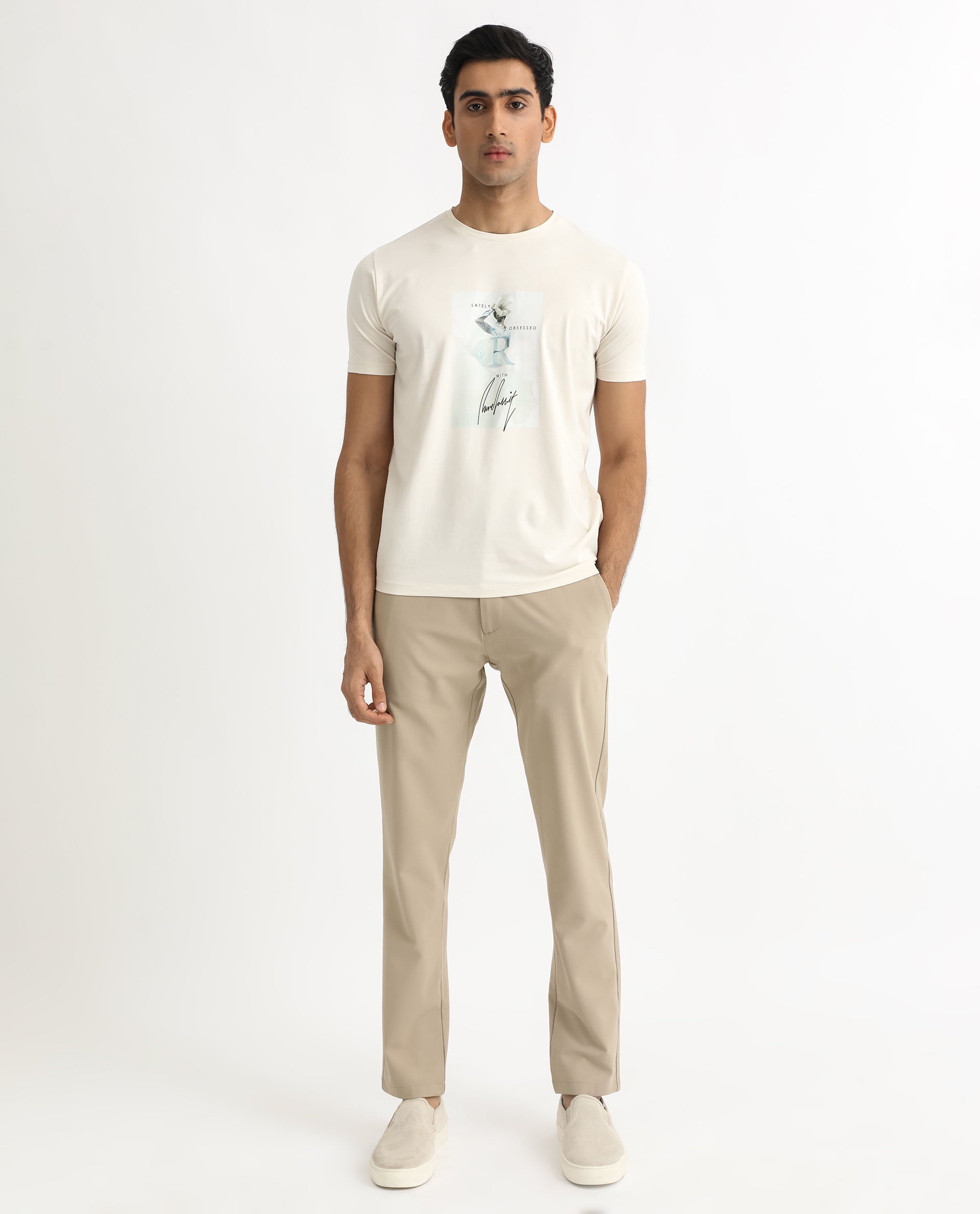 Rare Rabbit Men's Hats Off White Crew Neck Graphic Printed with Brand Signature Half Sleeves Regular Fit T-Shirt