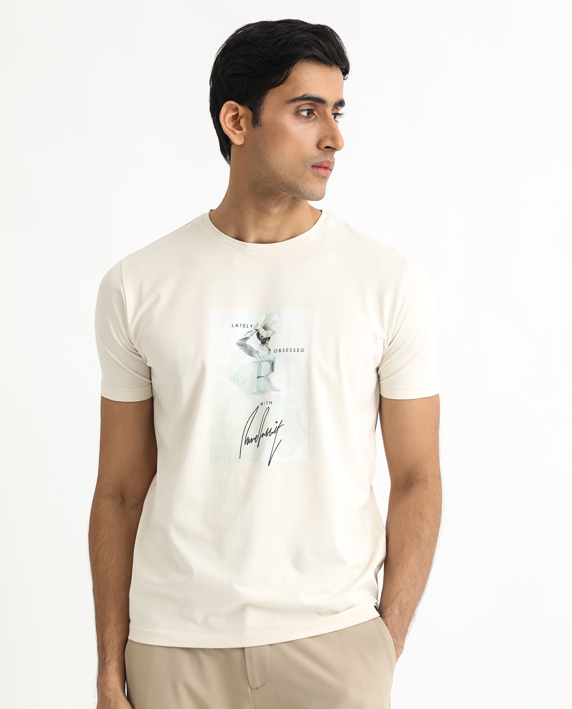 Rare Rabbit Men's Hats Off White Crew Neck Graphic Printed with Brand Signature Half Sleeves Regular Fit T-Shirt