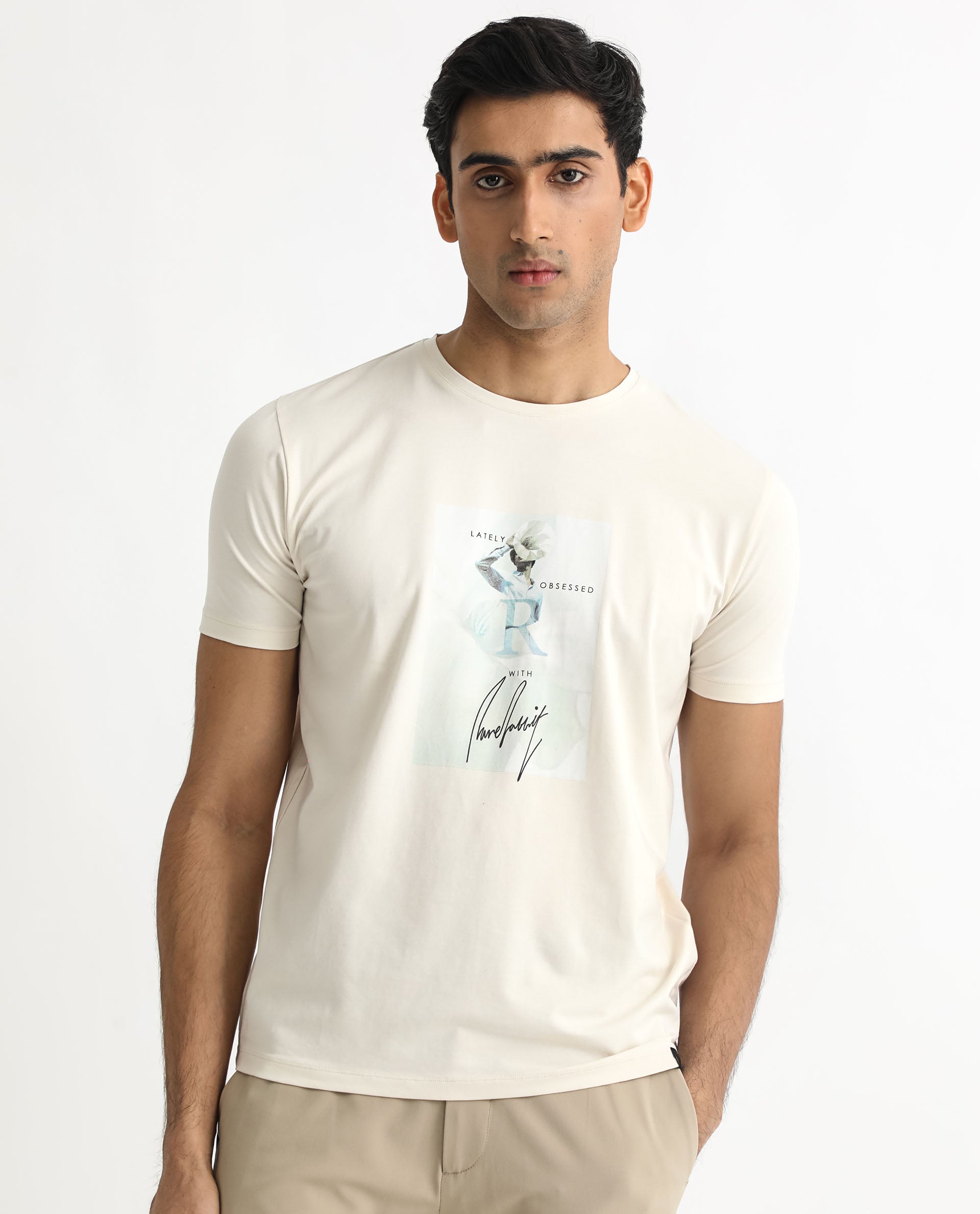 Rare Rabbit Men's Hats Off White Crew Neck Graphic Printed with Brand Signature Half Sleeves Regular Fit T-Shirt