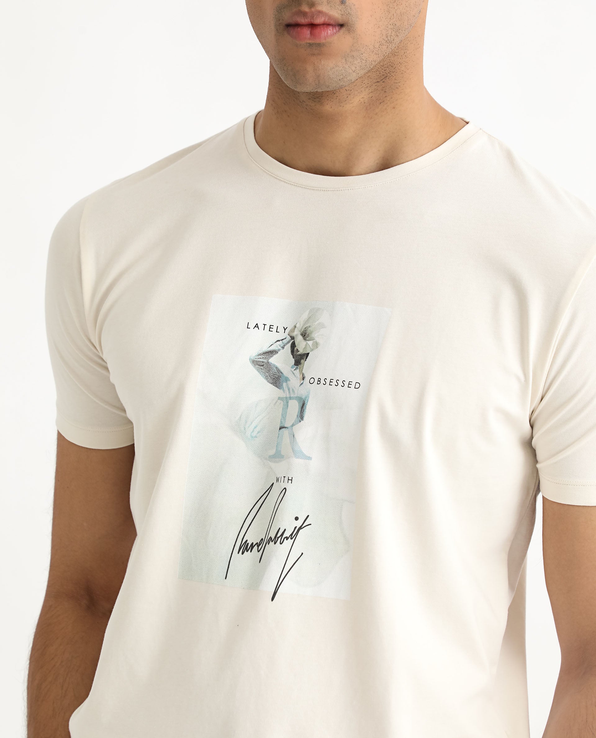 Rare Rabbit Men's Hats Off White Crew Neck Graphic Printed with Brand Signature Half Sleeves Regular Fit T-Shirt