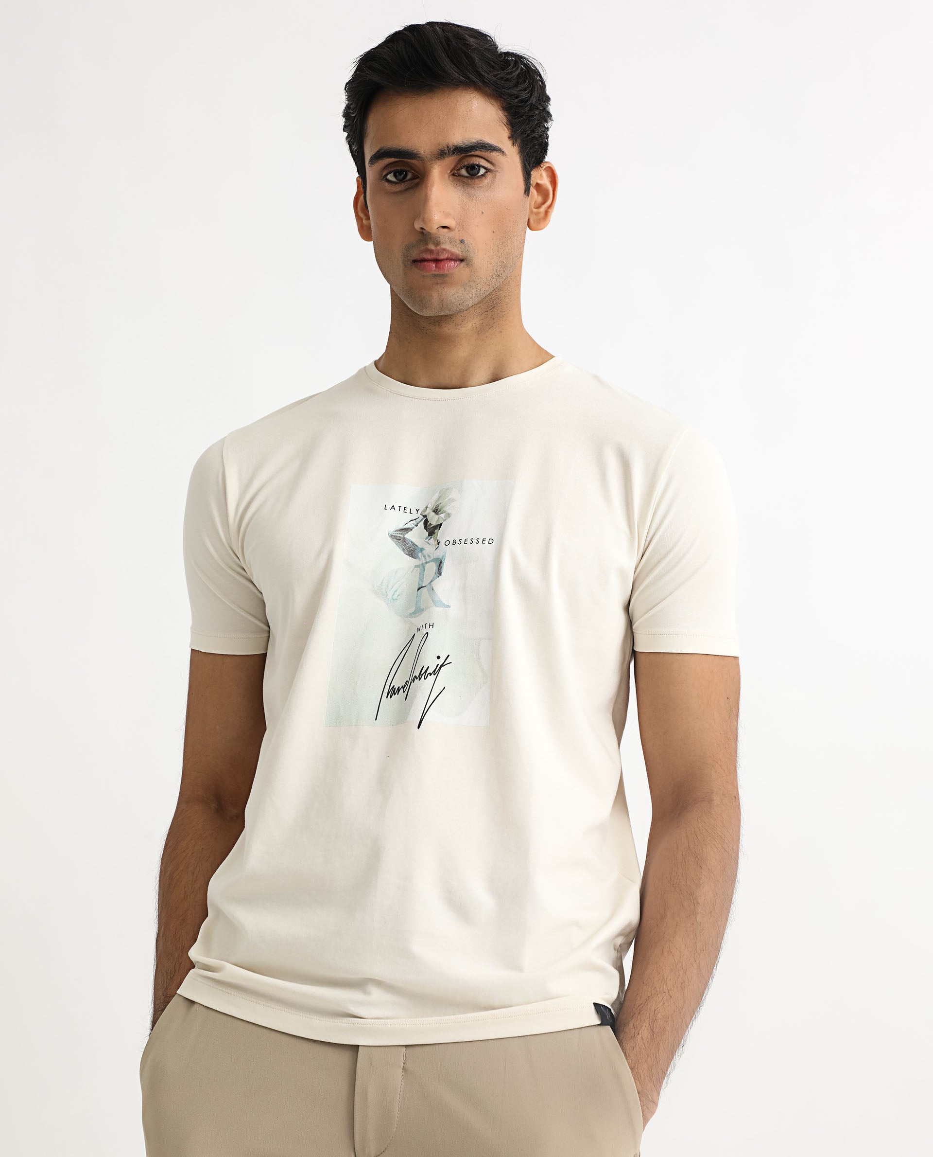 Rare Rabbit Men's Hats Off White Crew Neck Graphic Printed with Brand Signature Half Sleeves Regular Fit T-Shirt
