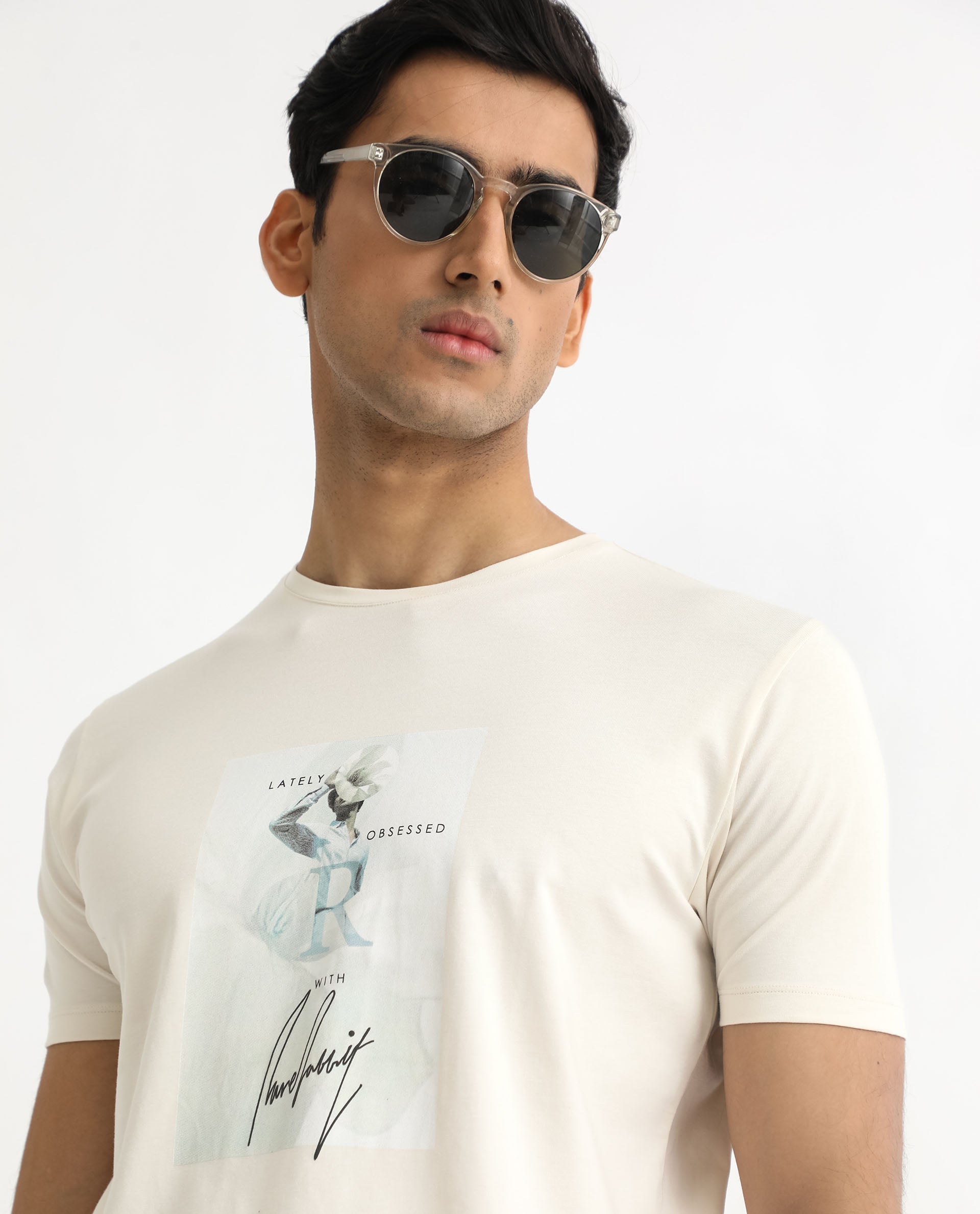 Rare Rabbit Men's Hats Off White Crew Neck Graphic Printed with Brand Signature Half Sleeves Regular Fit T-Shirt