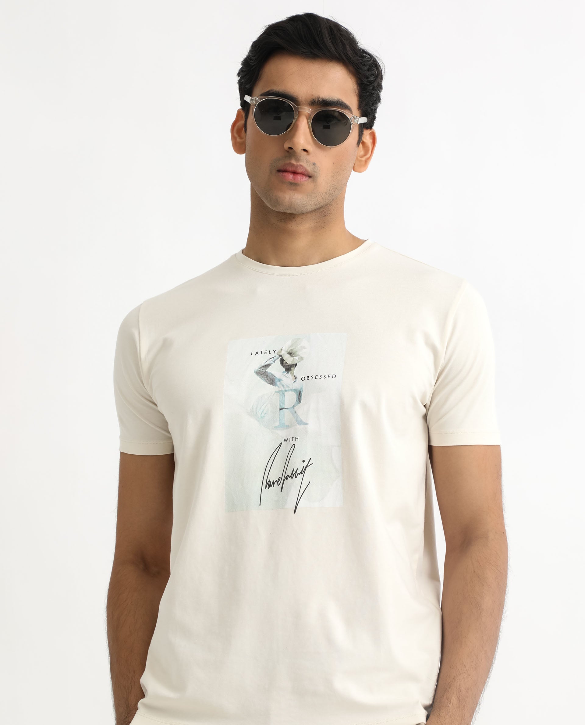 Rare Rabbit Men's Hats Off White Crew Neck Graphic Printed with Brand Signature Half Sleeves Regular Fit T-Shirt