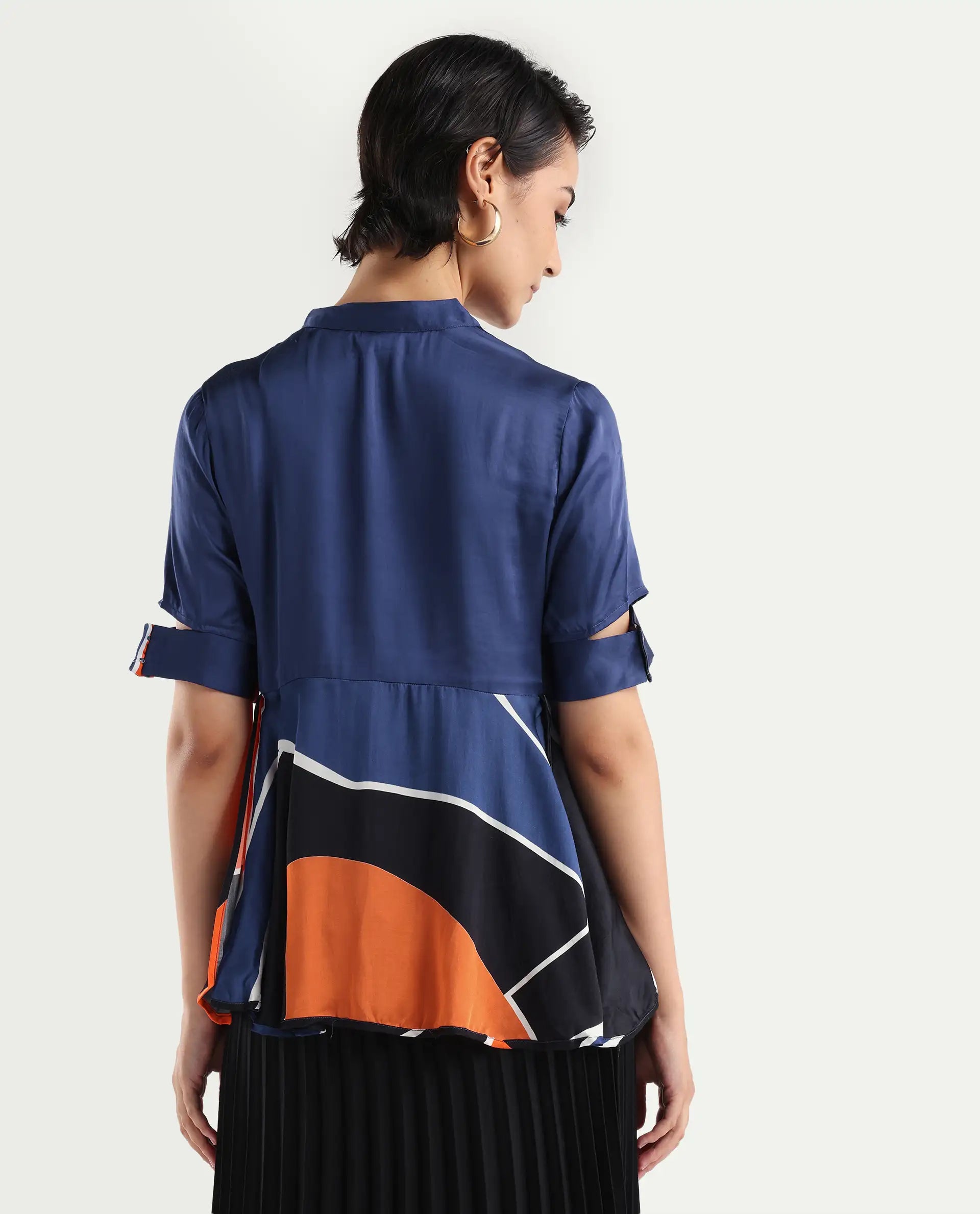 Rareism Women's Havana Orange Modal Overlap Neck Abstract Print Relaxed Fit Top