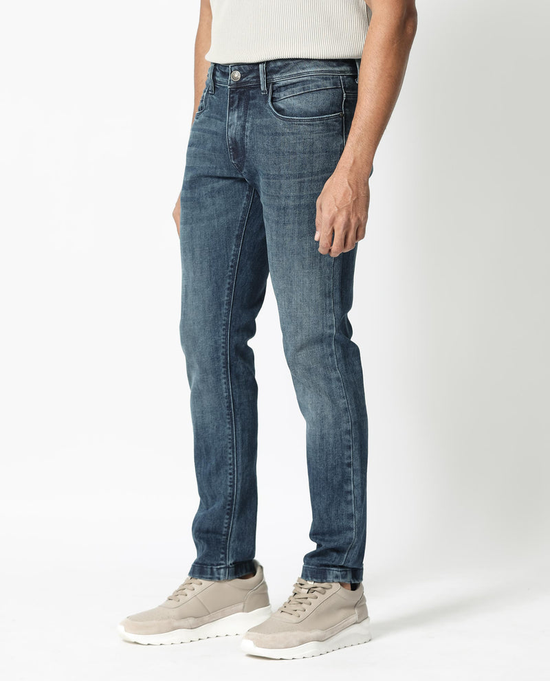 Rare Rabbit Men's Hawkins Dusky Blue Mid Wash Mid-Rise Slim Fit Jeans