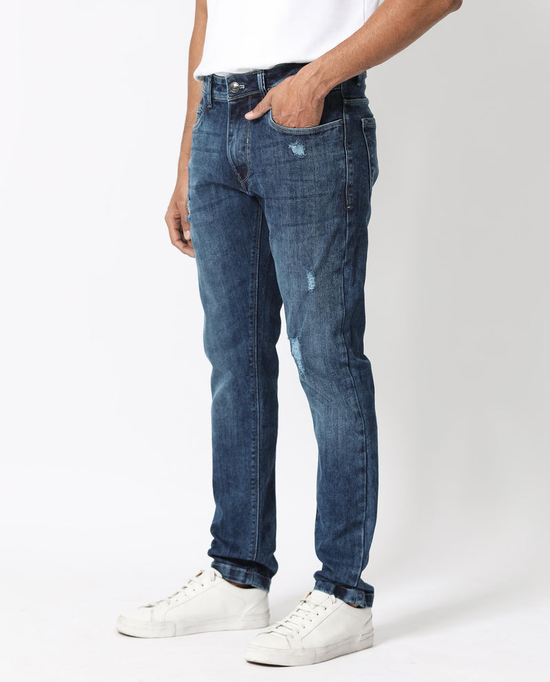 Rare Rabbit Men's Hawkins Light Blue Mid Wash Mid-Rise Distressed Slim Fit Jeans