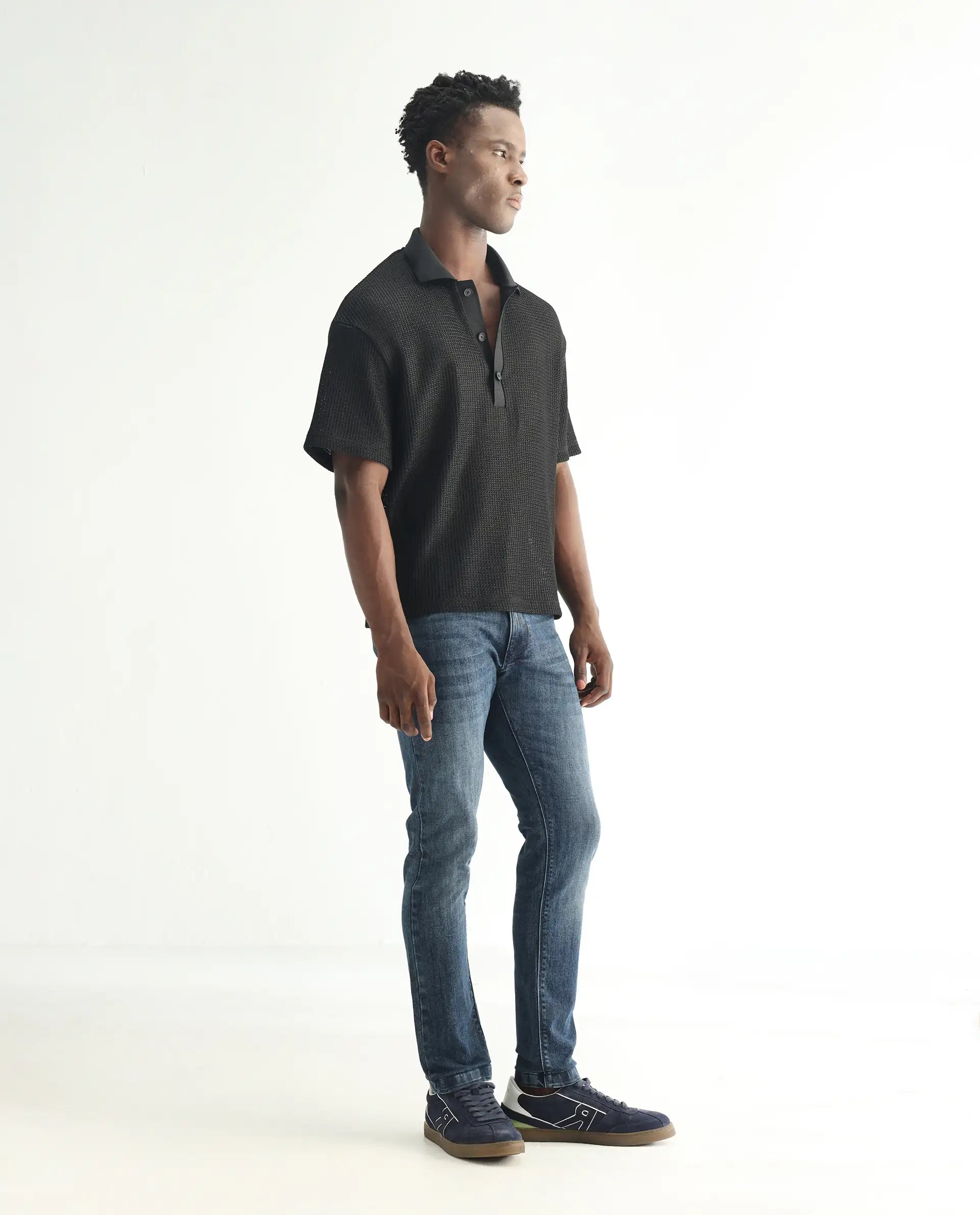 Rare Rabbit Men's Hawkins Dusky Blue Cotton Plain Hawk Slim Fit Jeans