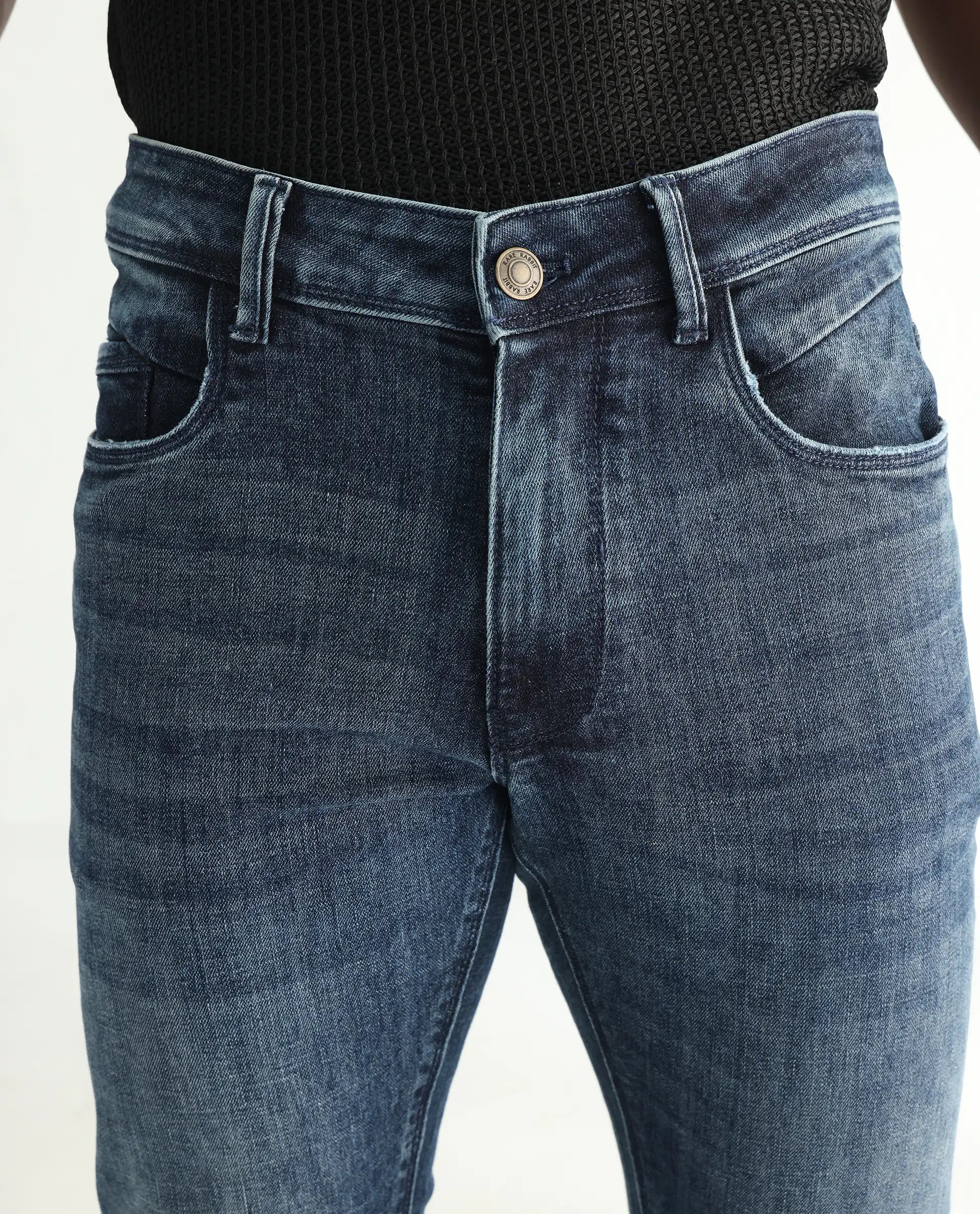 Rare Rabbit Men's Hawkins Dusky Blue Cotton Plain Hawk Slim Fit Jeans