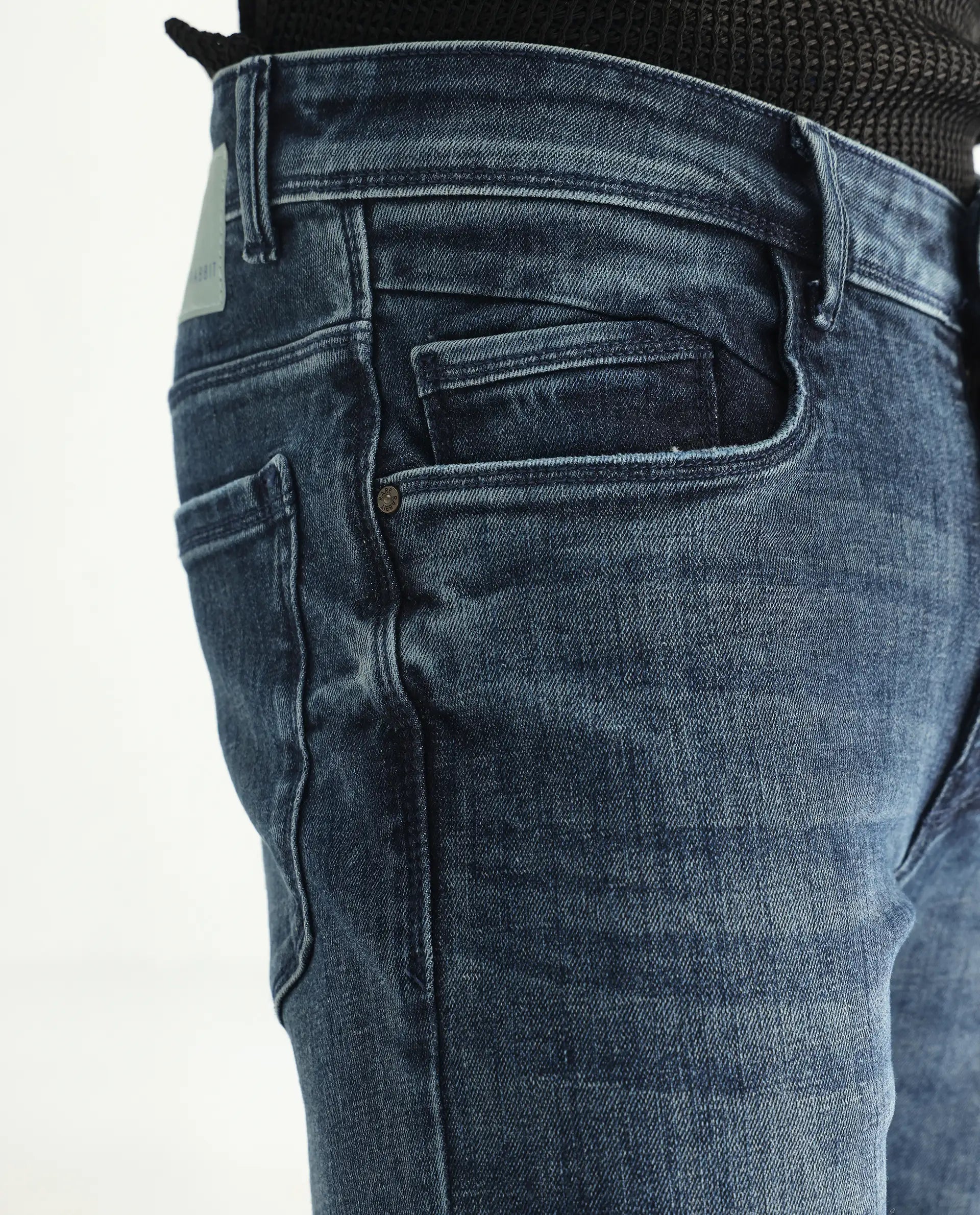 Rare Rabbit Men's Hawkins Dusky Blue Cotton Plain Hawk Slim Fit Jeans