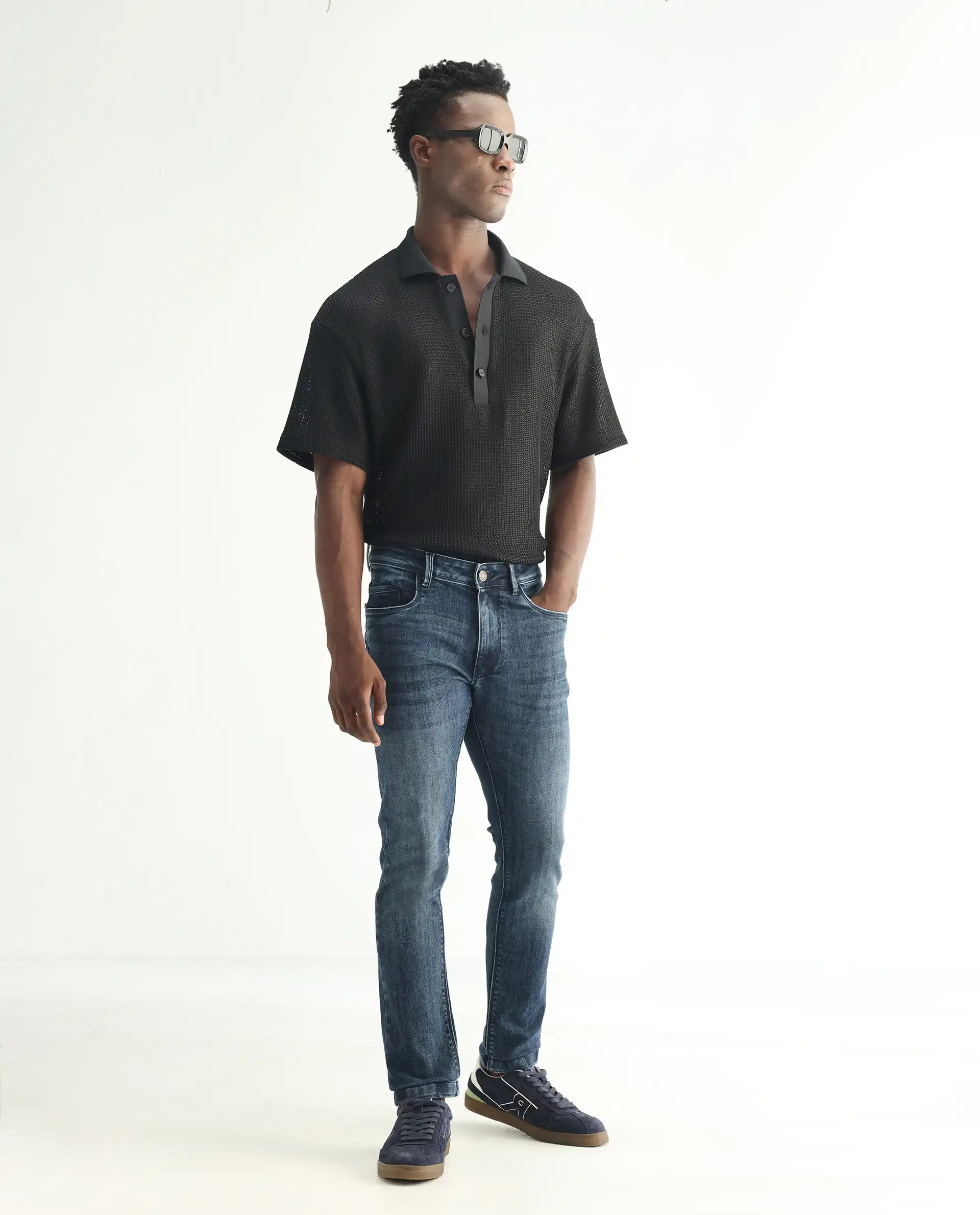 Rare Rabbit Men's Hawkins Dusky Blue Cotton Plain Hawk Slim Fit Jeans