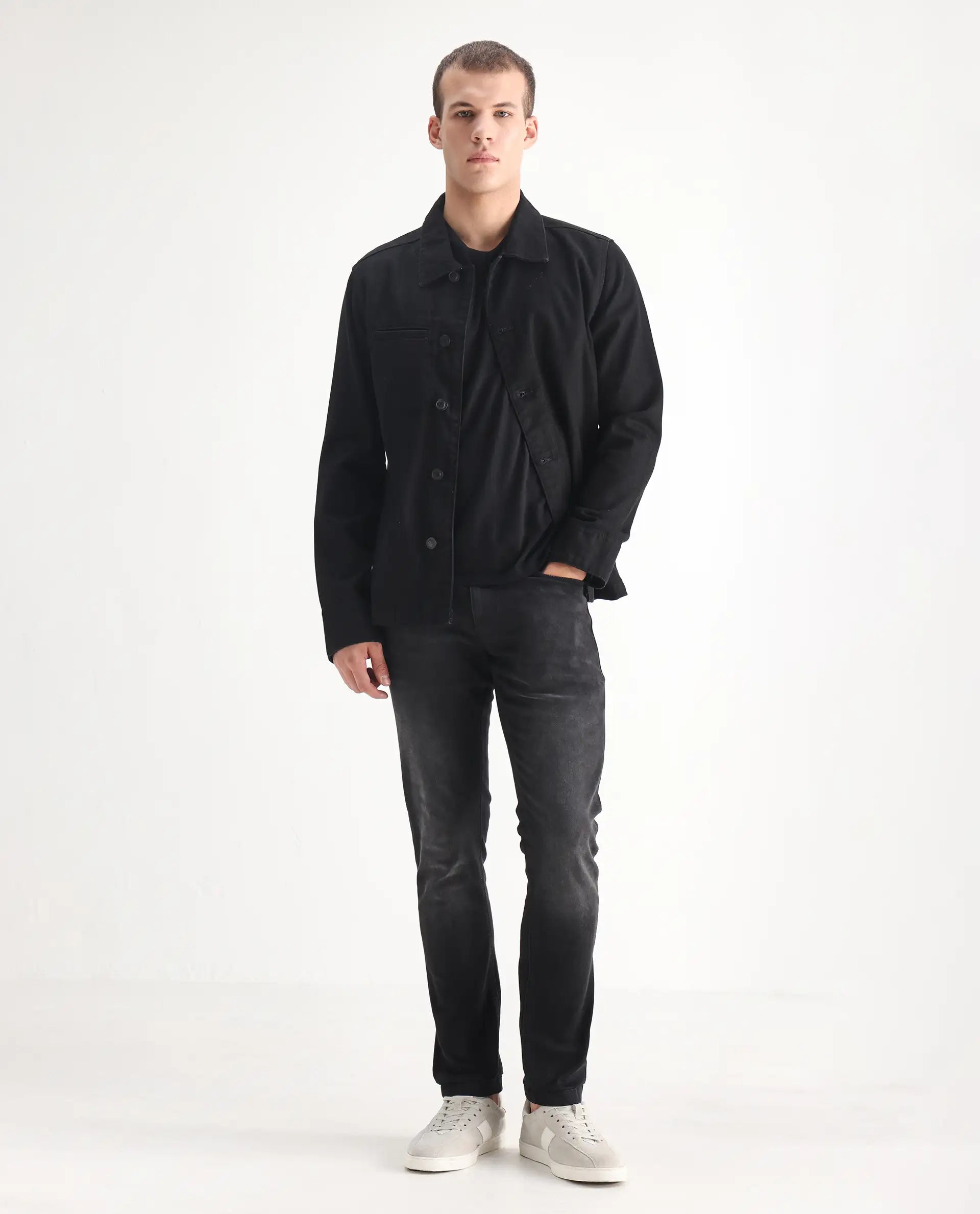 Rare Rabbit Men's Hawkins Grey Cotton Plain Hawk Slim Fit Jeans