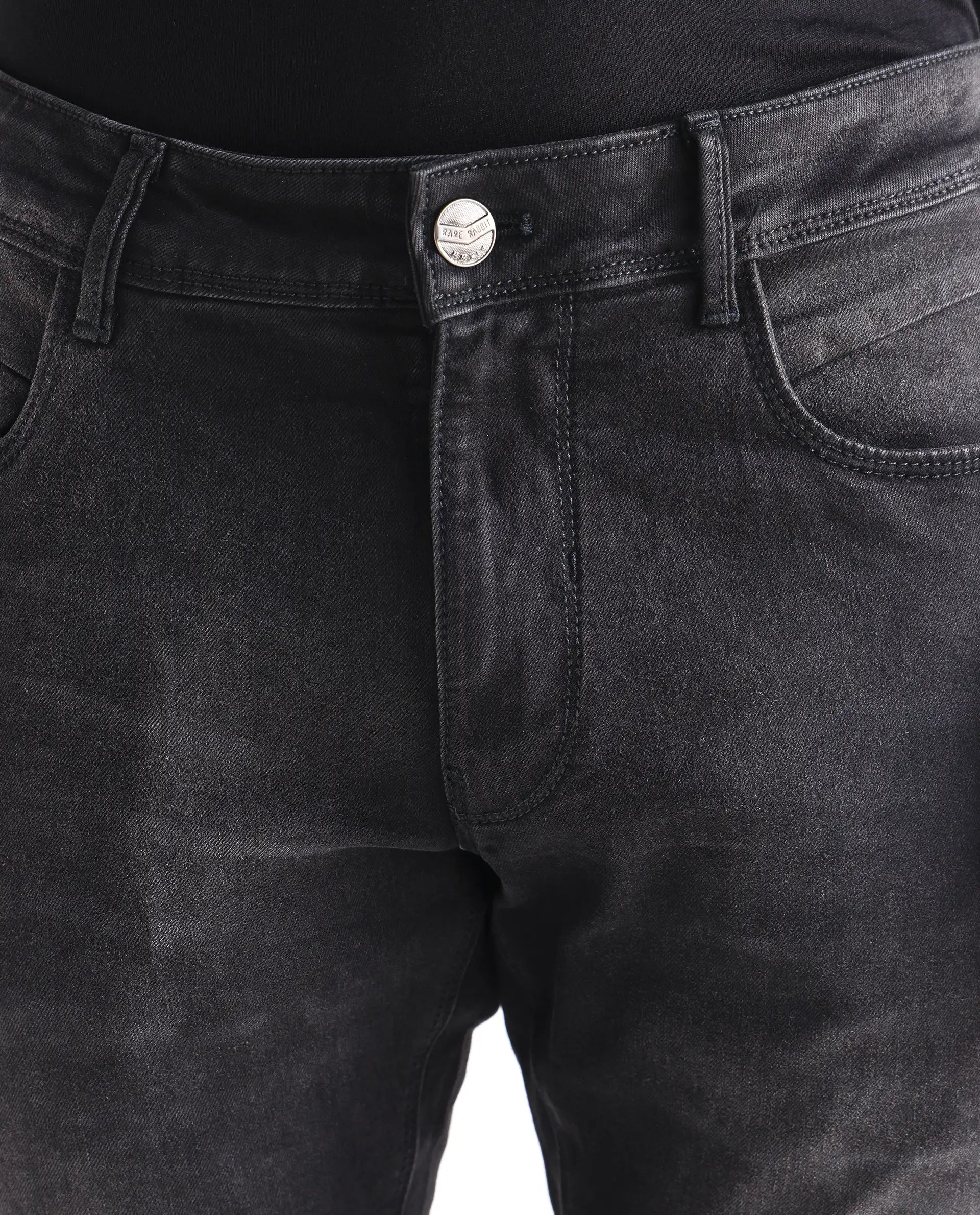 Rare Rabbit Men's Hawkins Grey Cotton Plain Hawk Slim Fit Jeans