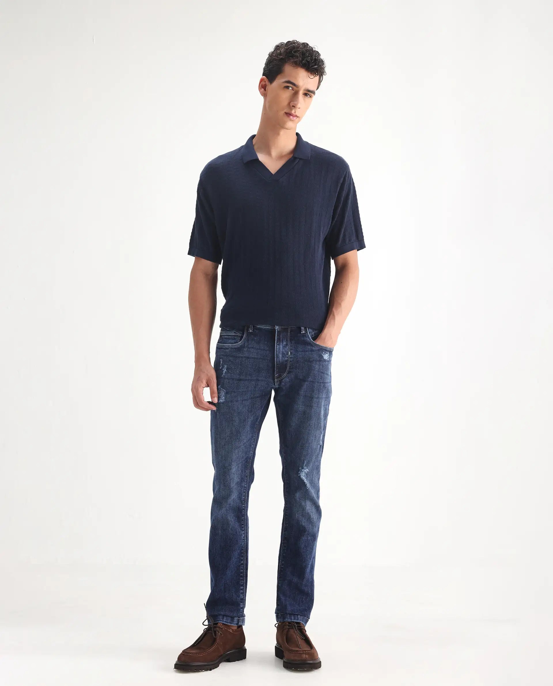 Rare Rabbit Men's Hawkins Light Blue Cotton Plain Hawk Slim Fit Jeans