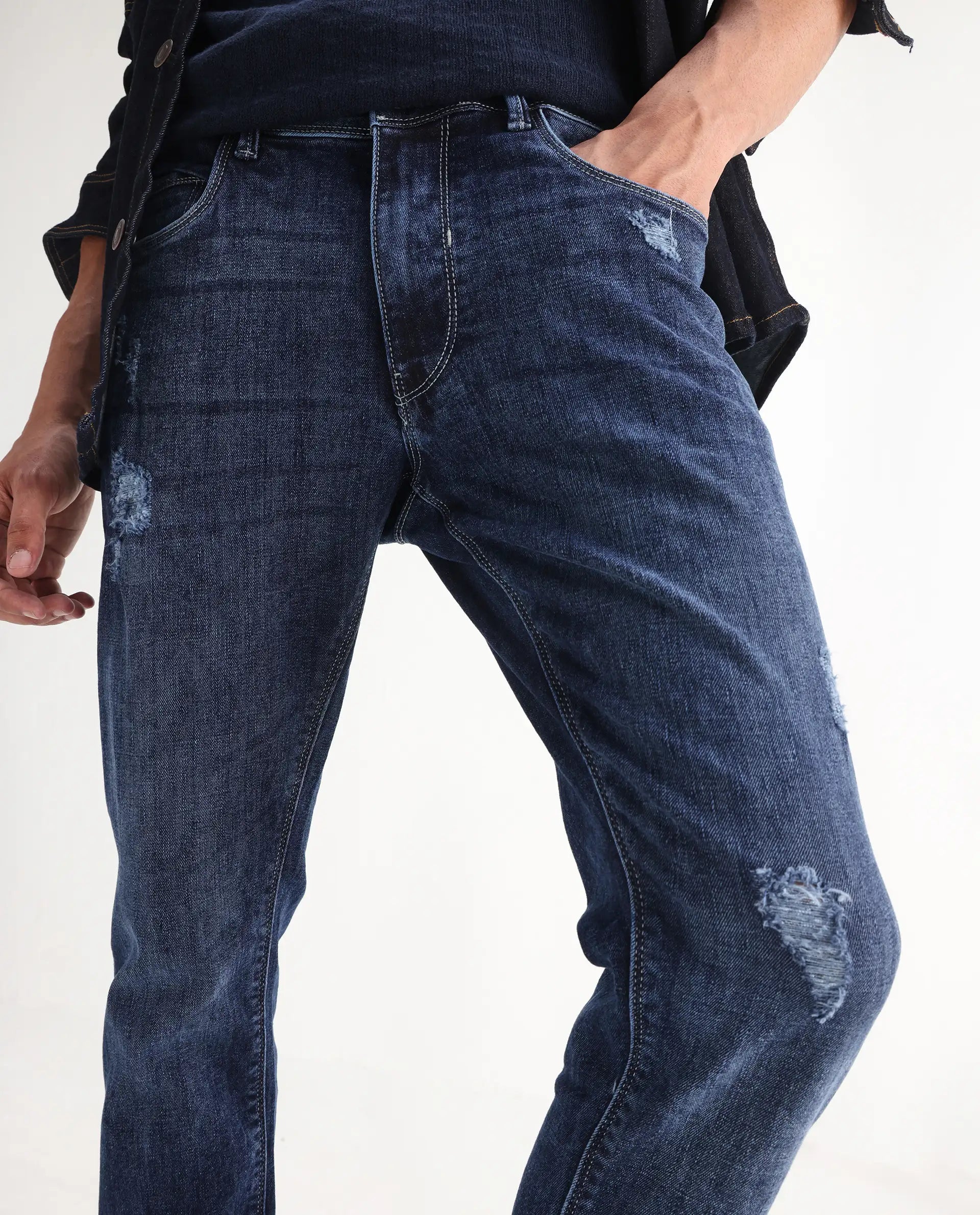 Rare Rabbit Men's Hawkins Light Blue Cotton Plain Hawk Slim Fit Jeans