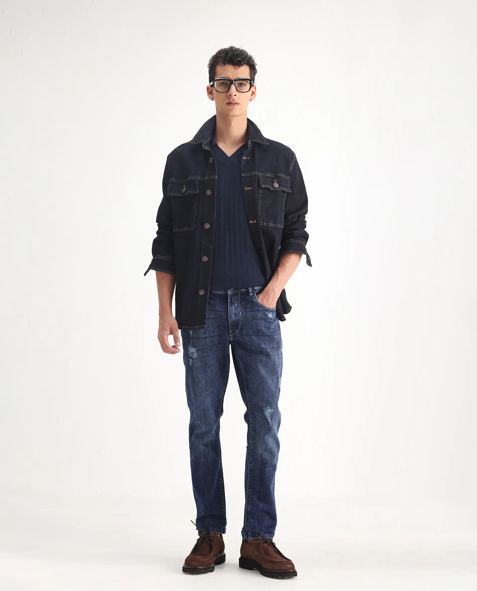 Rare Rabbit Men's Hawkins Light Blue Cotton Plain Hawk Slim Fit Jeans