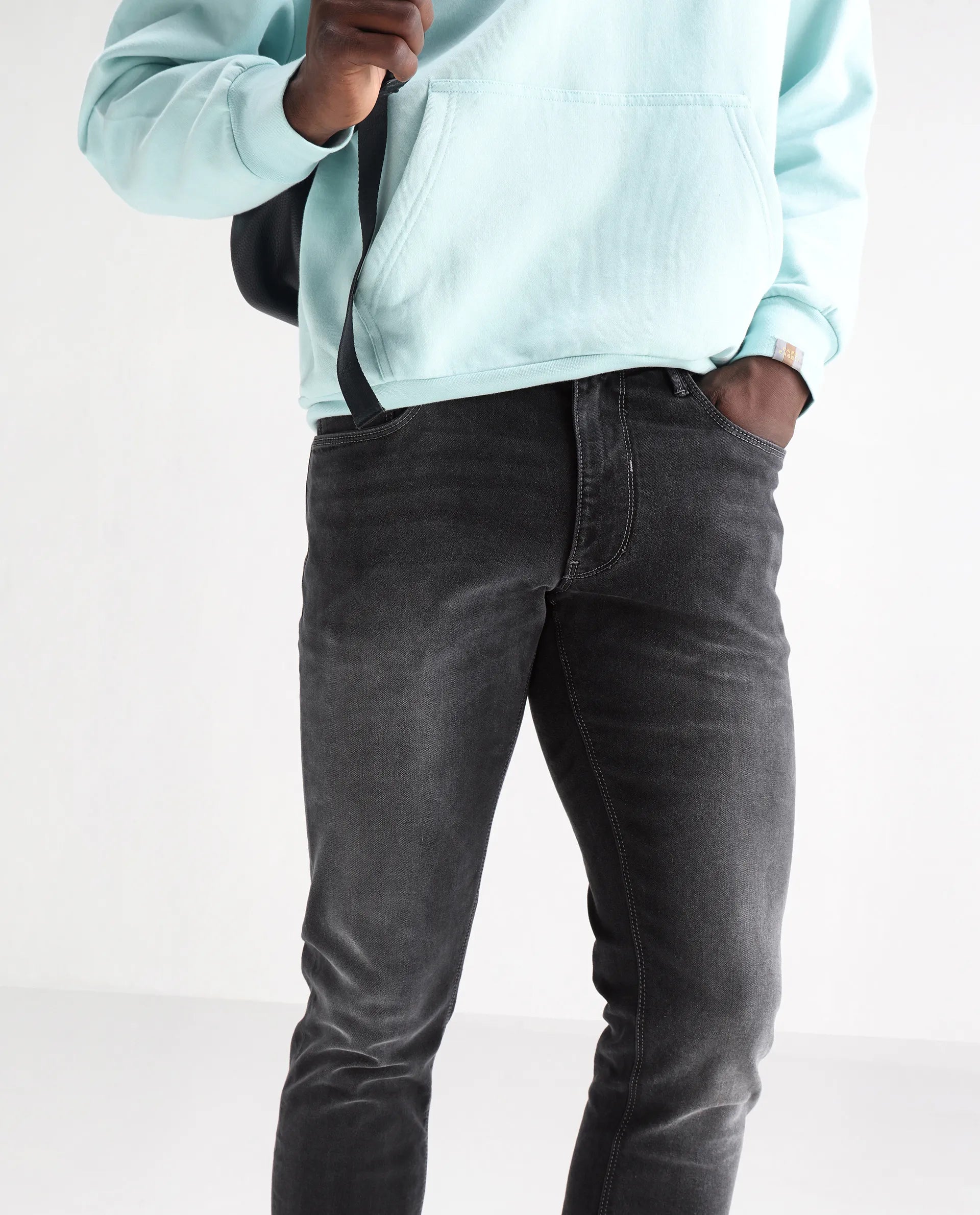 Rare Rabbit Men's Hawkins Light Grey Cotton Plain Hawk Slim Fit Jeans