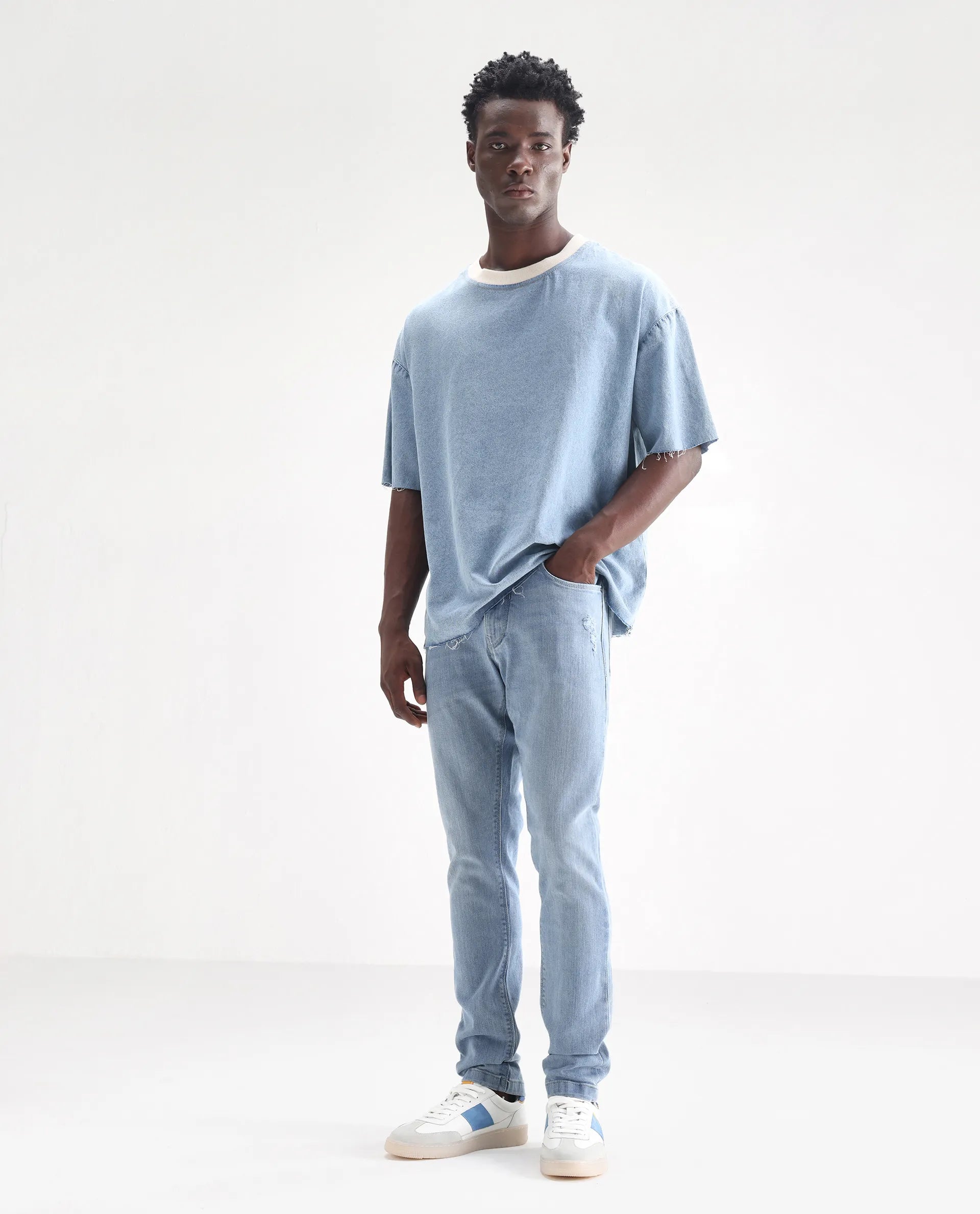 Rare Rabbit Men's Hawkins Pastel Blue Cotton Plain Hawk Slim Fit Jeans