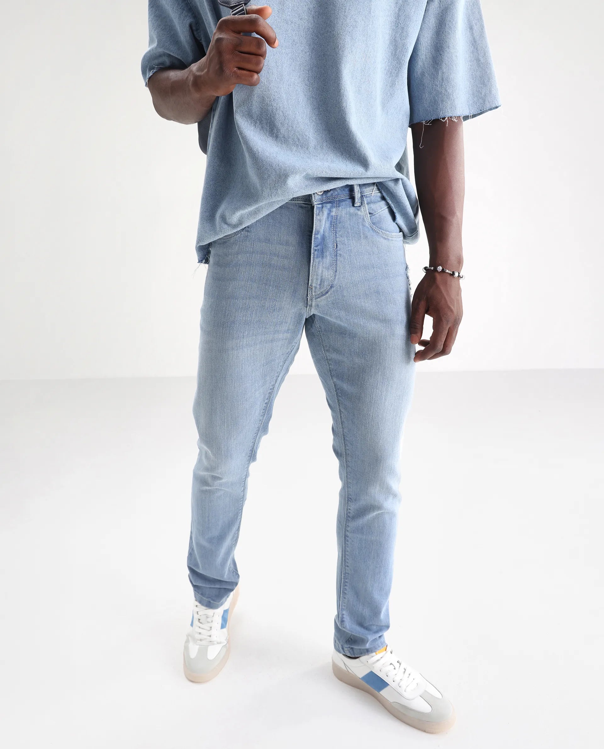 Rare Rabbit Men's Hawkins Pastel Blue Cotton Plain Hawk Slim Fit Jeans