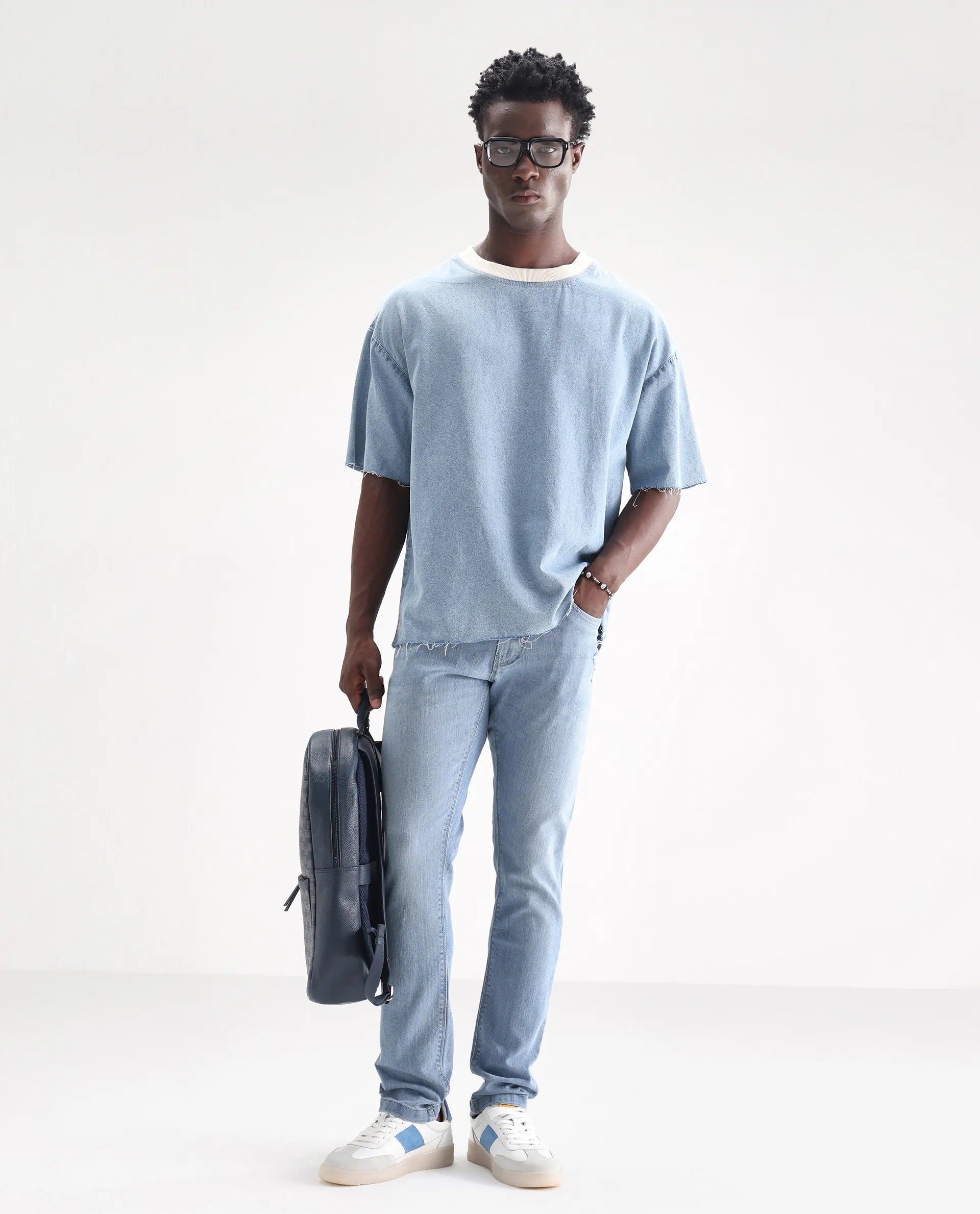 Rare Rabbit Men's Hawkins Pastel Blue Cotton Plain Hawk Slim Fit Jeans