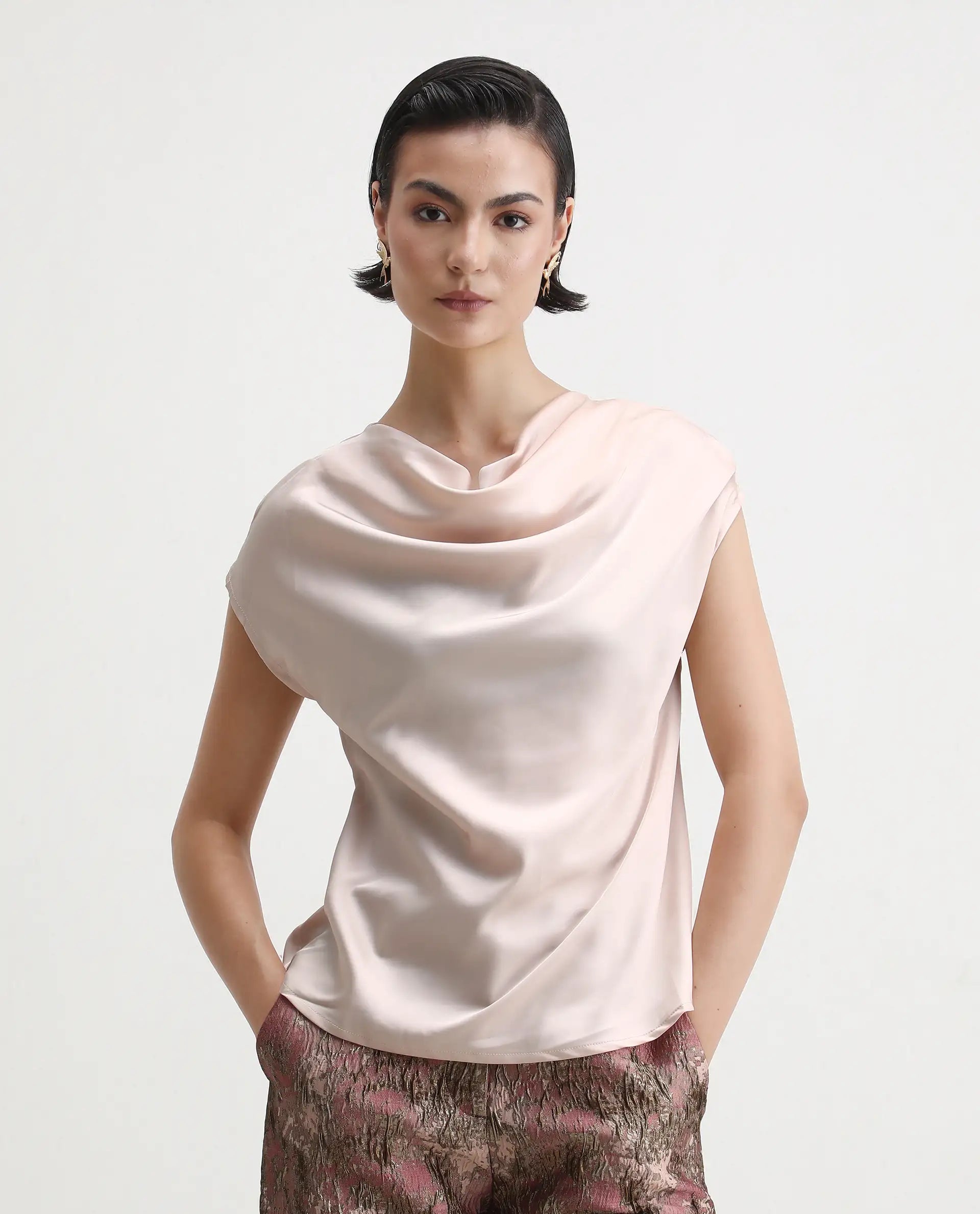 Rareism Women's Hawter Beige Polyester Cowl Neck Plain Cap Sleeve Regular Fit Top