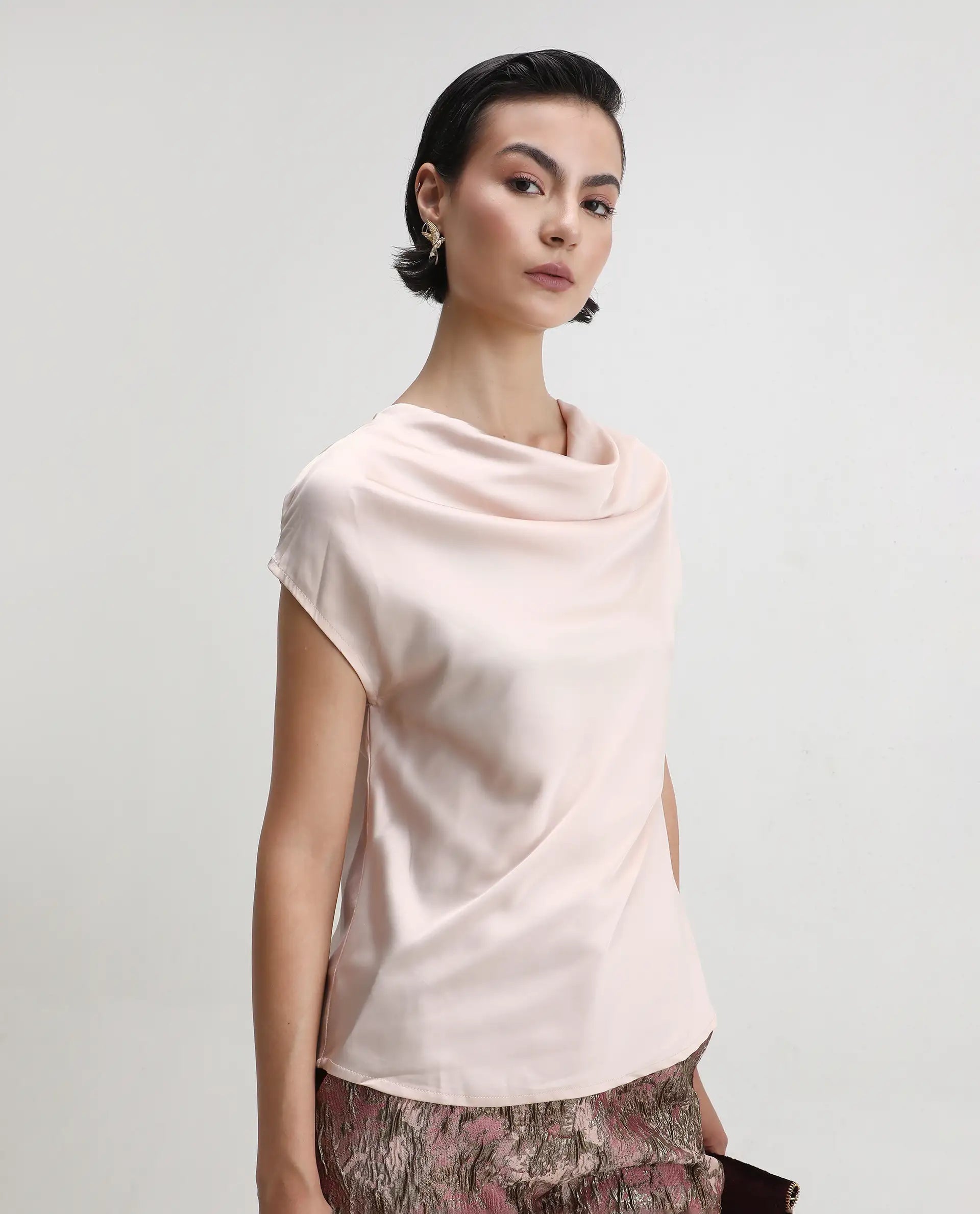 Rareism Women's Hawter Beige Polyester Cowl Neck Plain Cap Sleeve Regular Fit Top