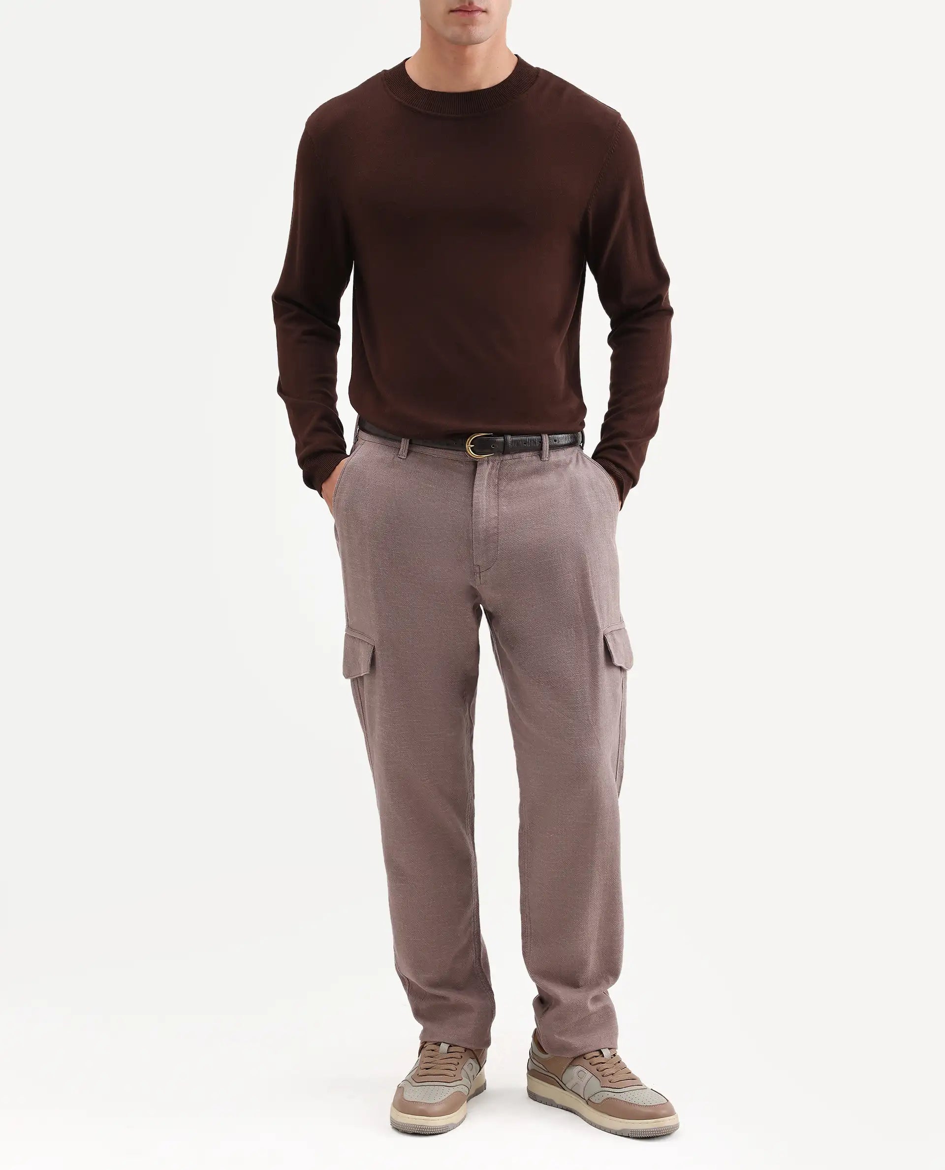 Rare Rabbit Men's Haxlr-B Dusky Brown Cotton Blend Fabric Regular Fit Plain Cargo Trouser