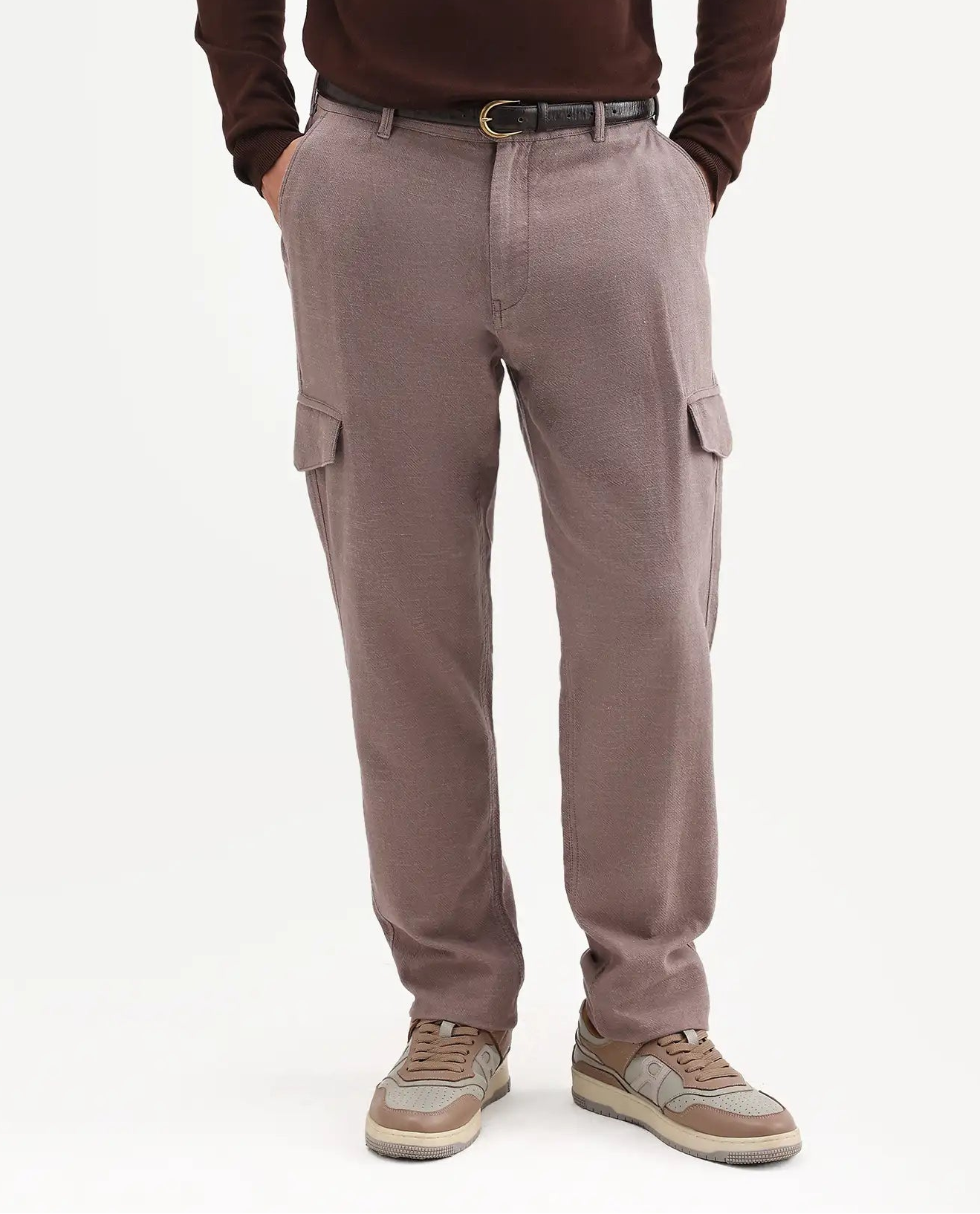 Rare Rabbit Men's Haxlr-B Dusky Brown Cotton Blend Fabric Regular Fit Plain Cargo Trouser