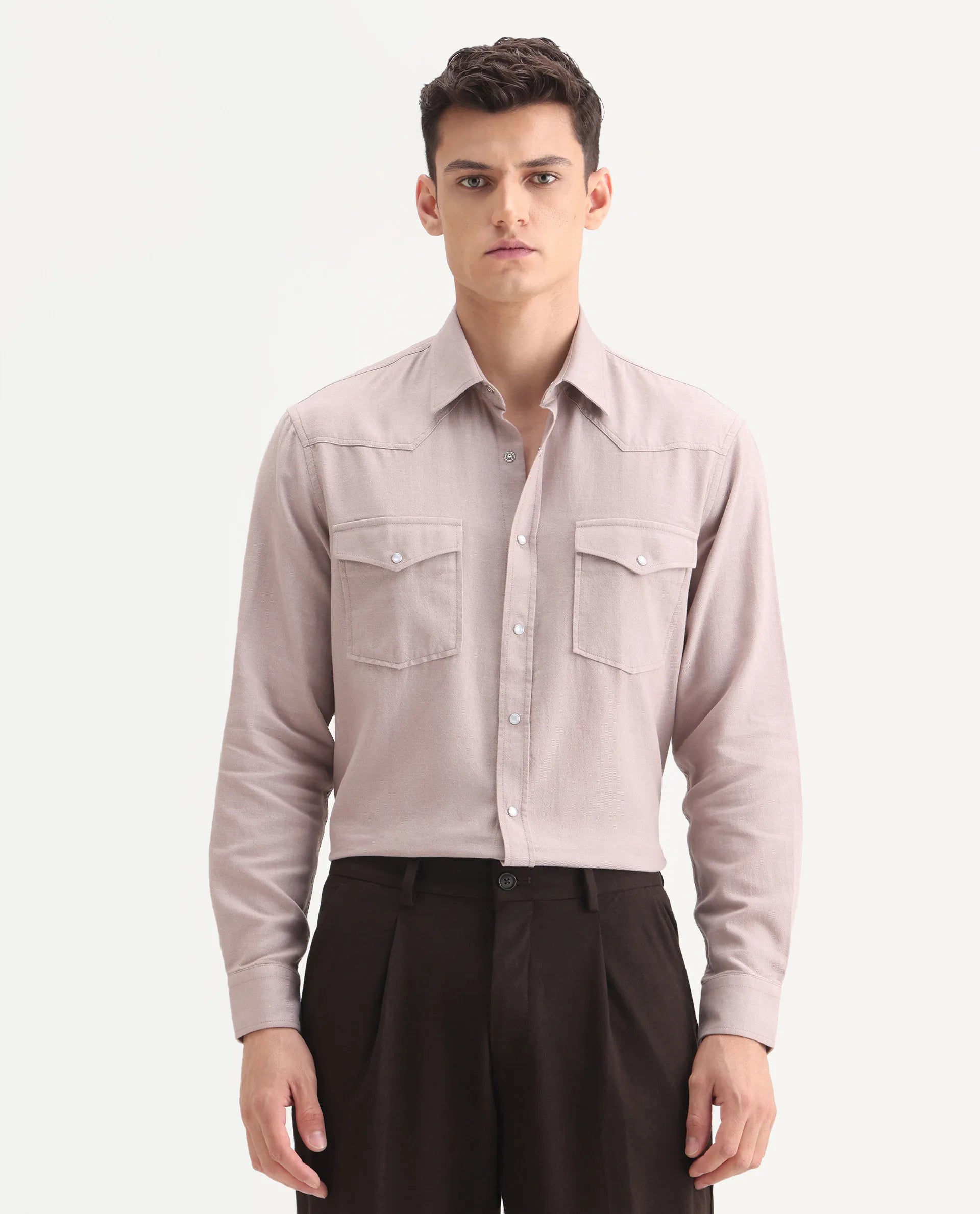 Rare Rabbit Men's Haxlr-25 Dusky Pink Cotton Blend Plain Regular Fit Full Sleeve Collared Shirt