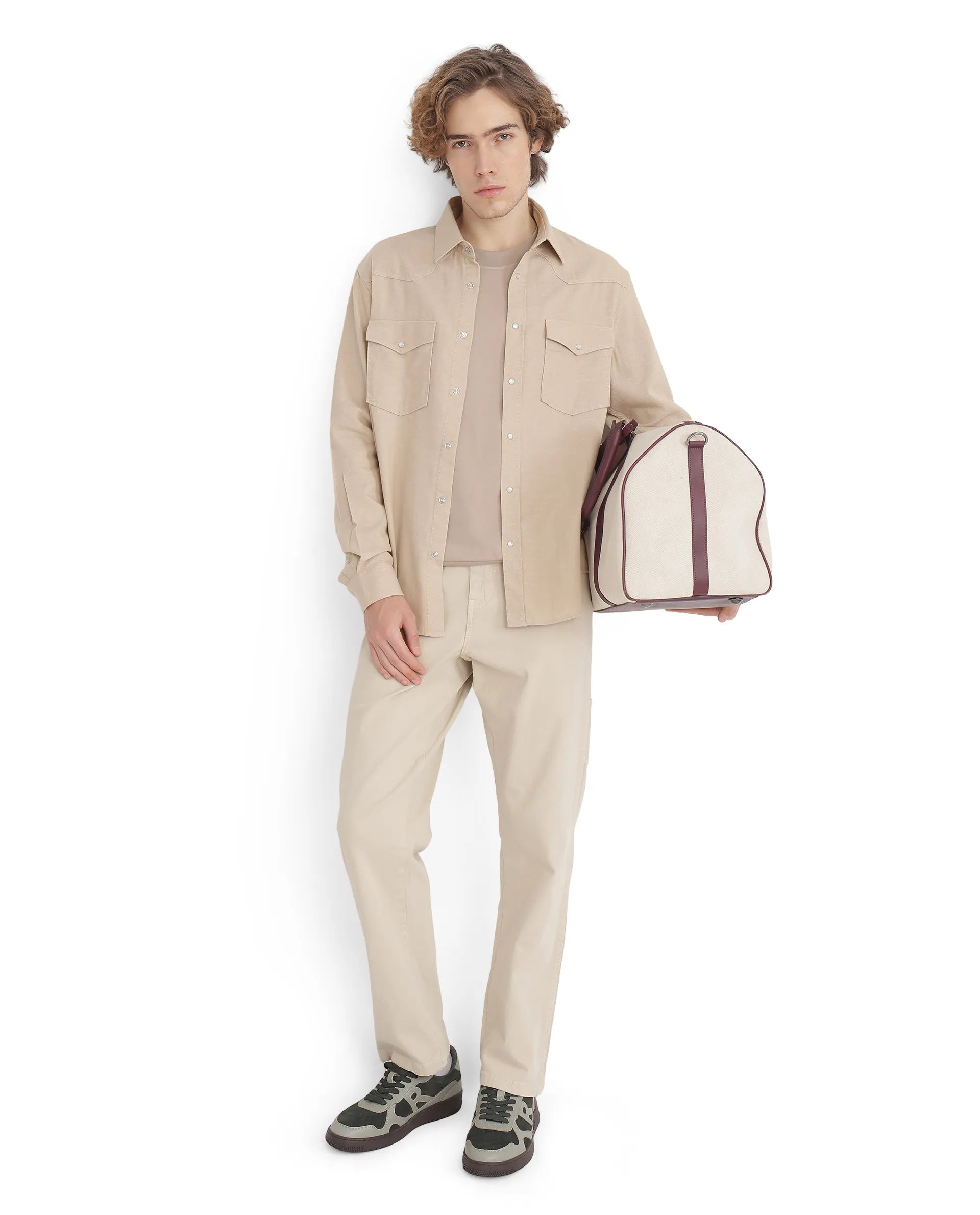 Rare Rabbit Men Haxlr Beige Full Sleeve Collared Neck Button Closure Plain Shirt