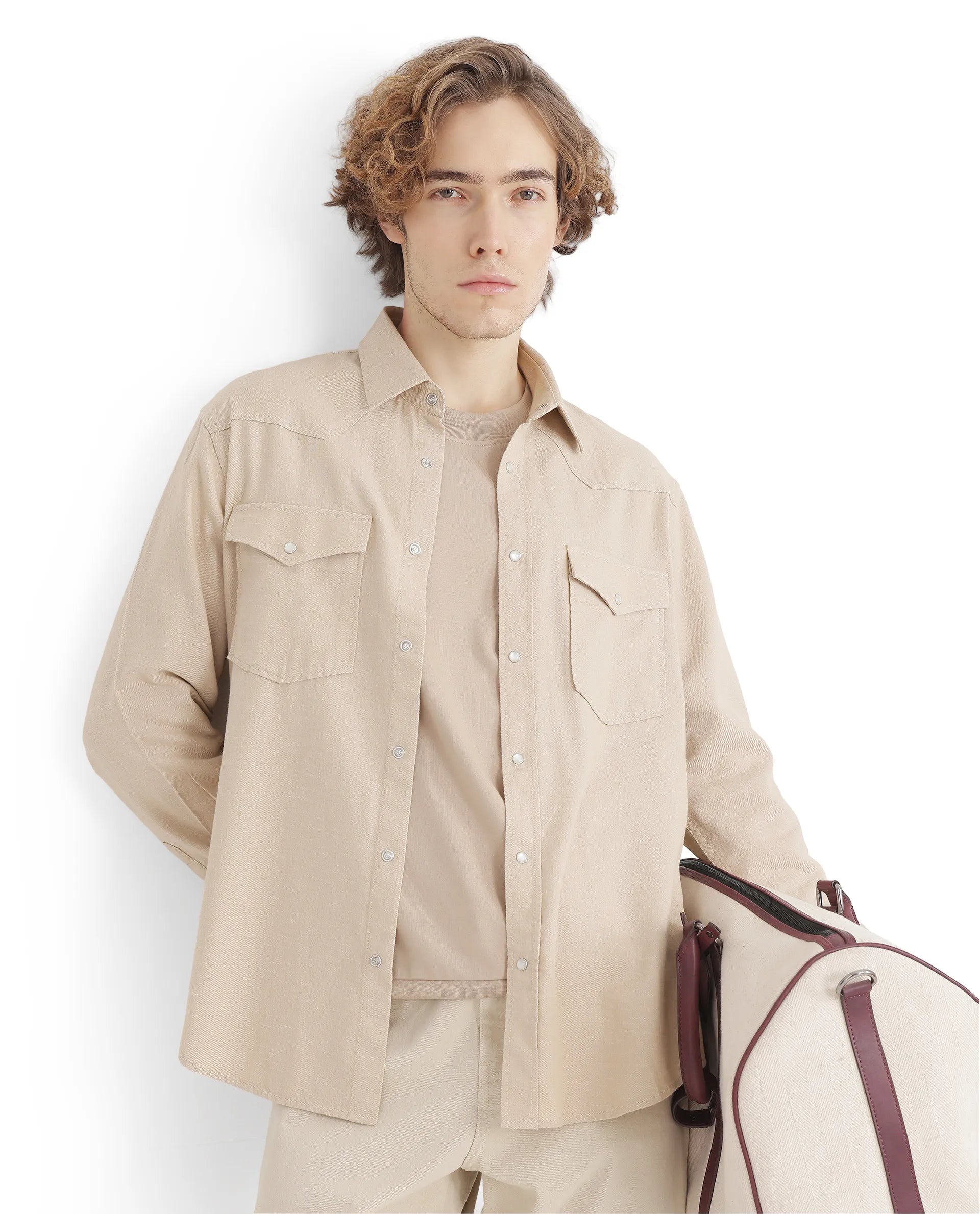 Rare Rabbit Men Haxlr Beige Full Sleeve Collared Neck Button Closure Plain Shirt