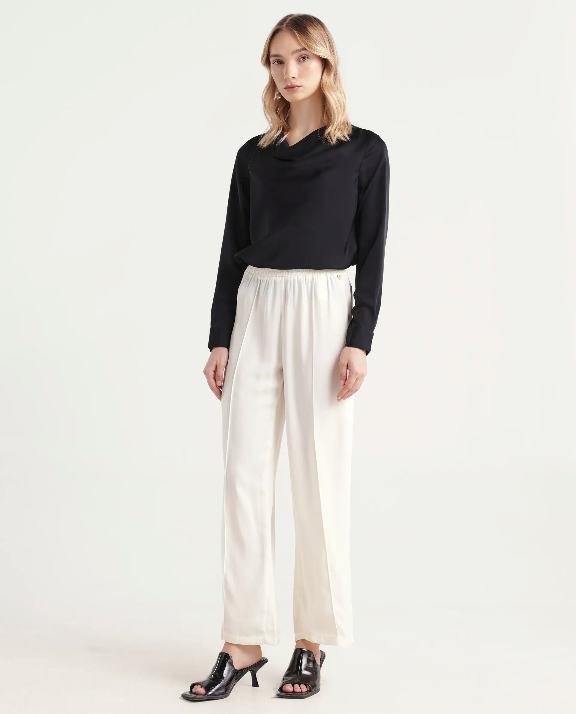 Rareism Women's Haz Light Off White Polyester Plain Ankle Length Wide Trouser