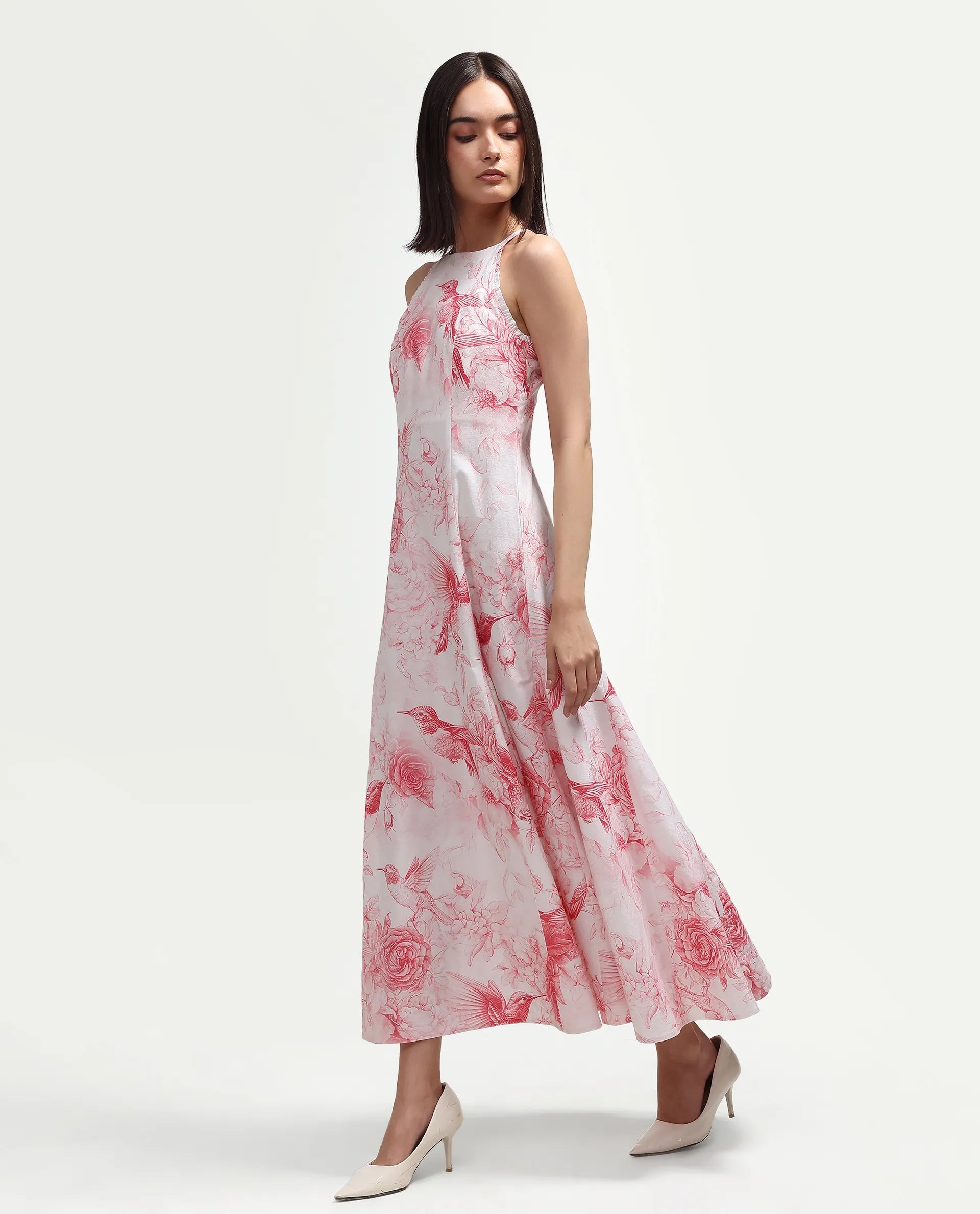 Rareism Women's Hedi Off White Cotton Halter Neck Fit And Flare Floral Print Dress