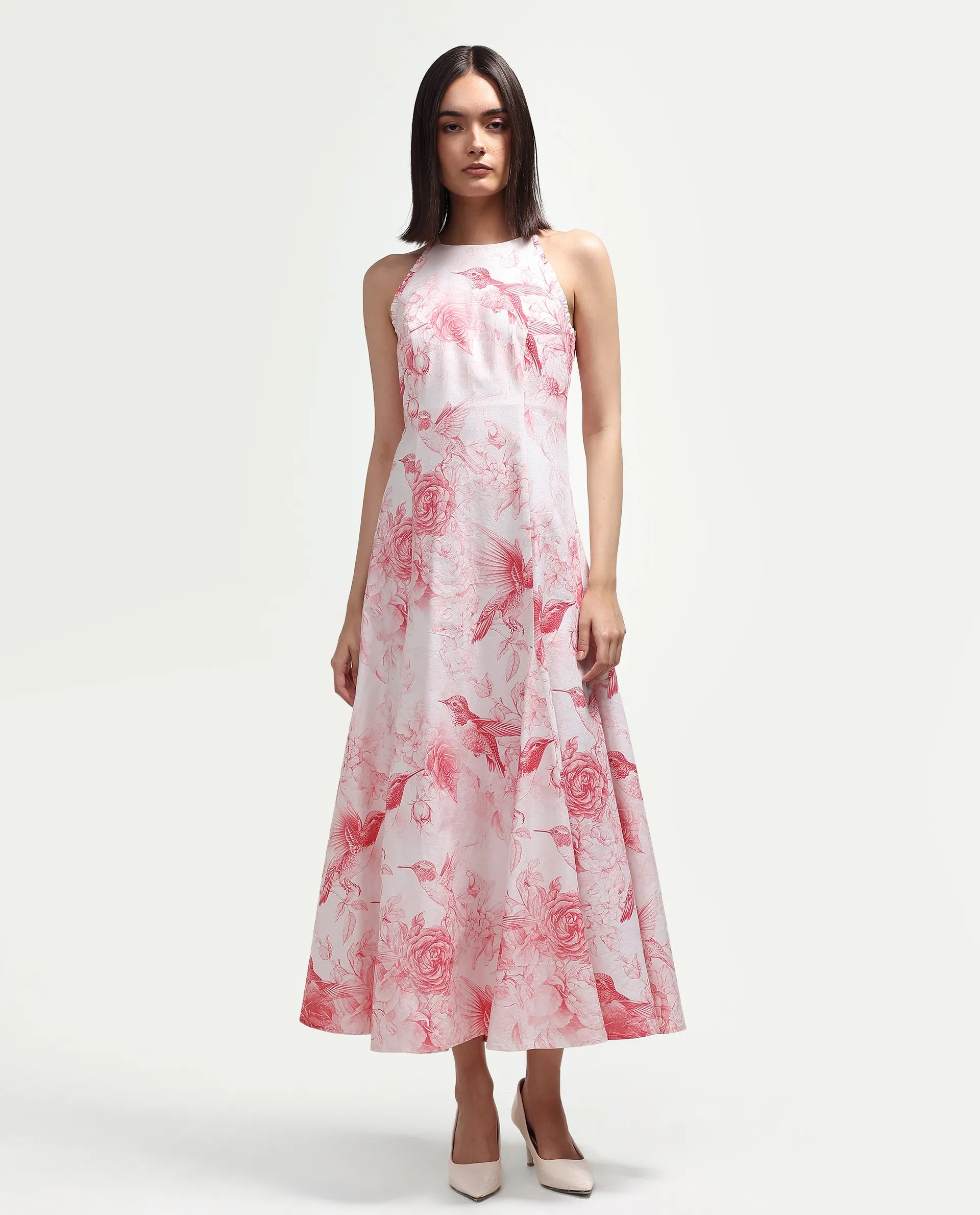 Rareism Women's Hedi Off White Cotton Halter Neck Fit And Flare Floral Print Dress