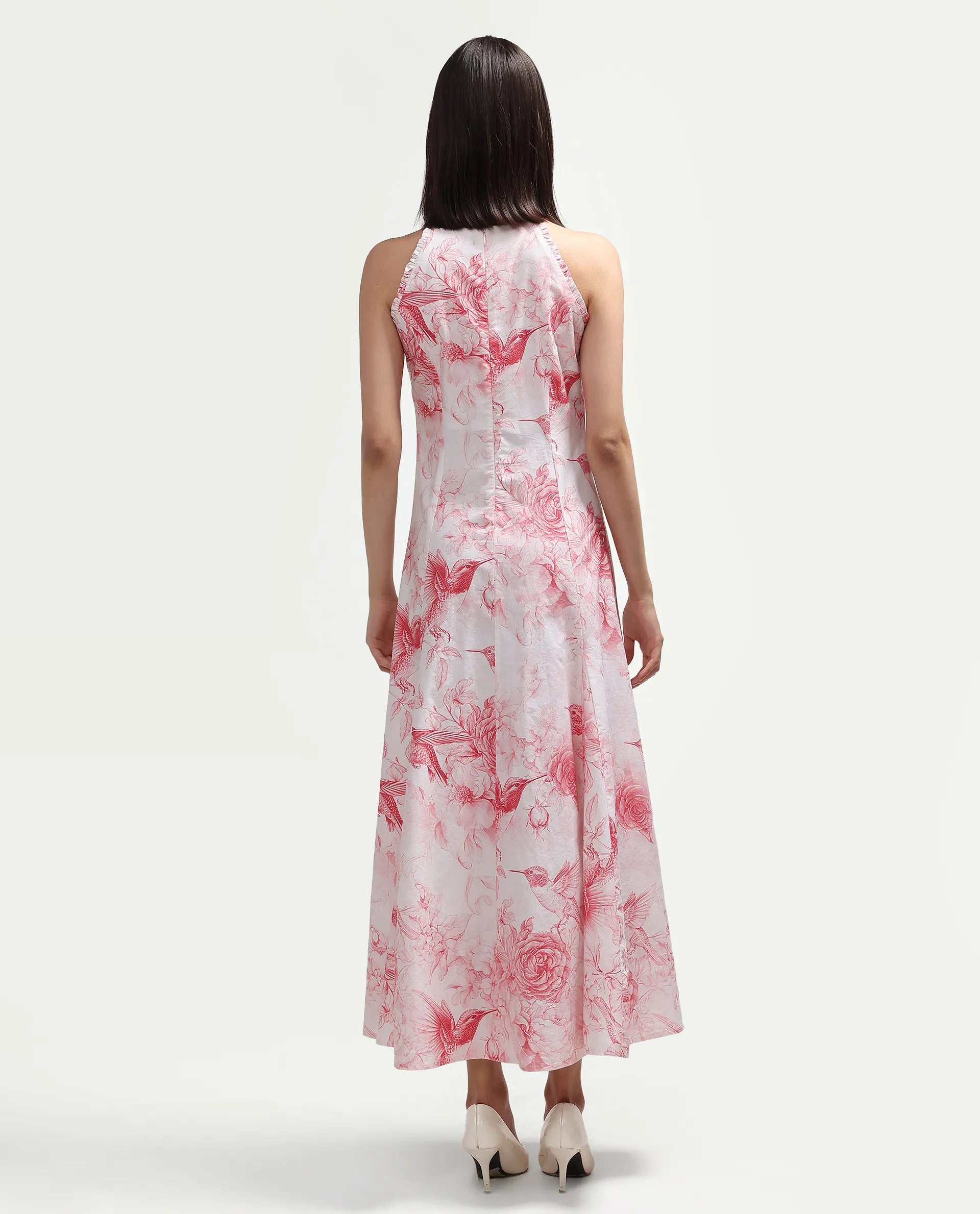 Rareism Women's Hedi Off White Cotton Halter Neck Fit And Flare Floral Print Dress