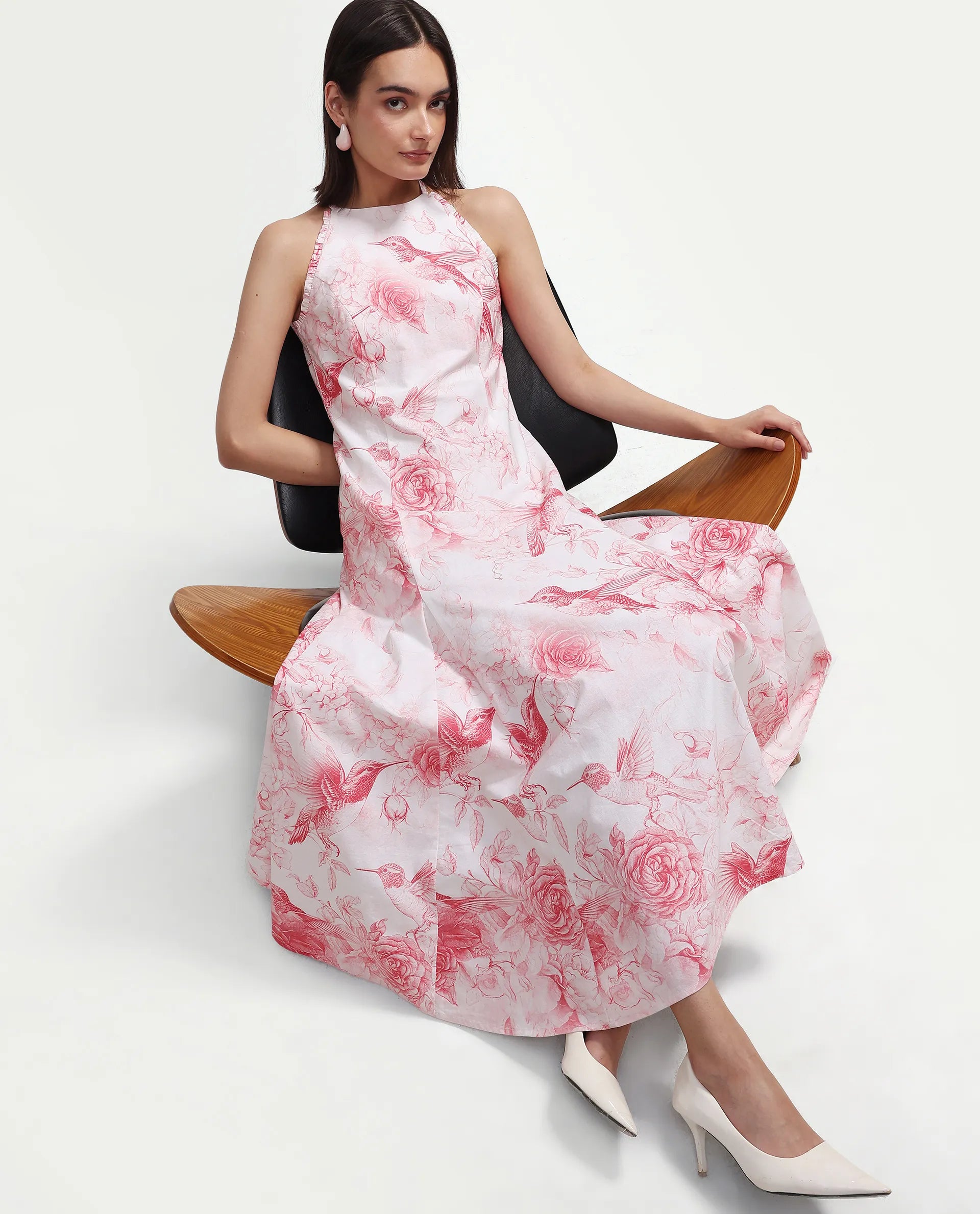 Rareism Women's Hedi Off White Cotton Halter Neck Fit And Flare Floral Print Dress