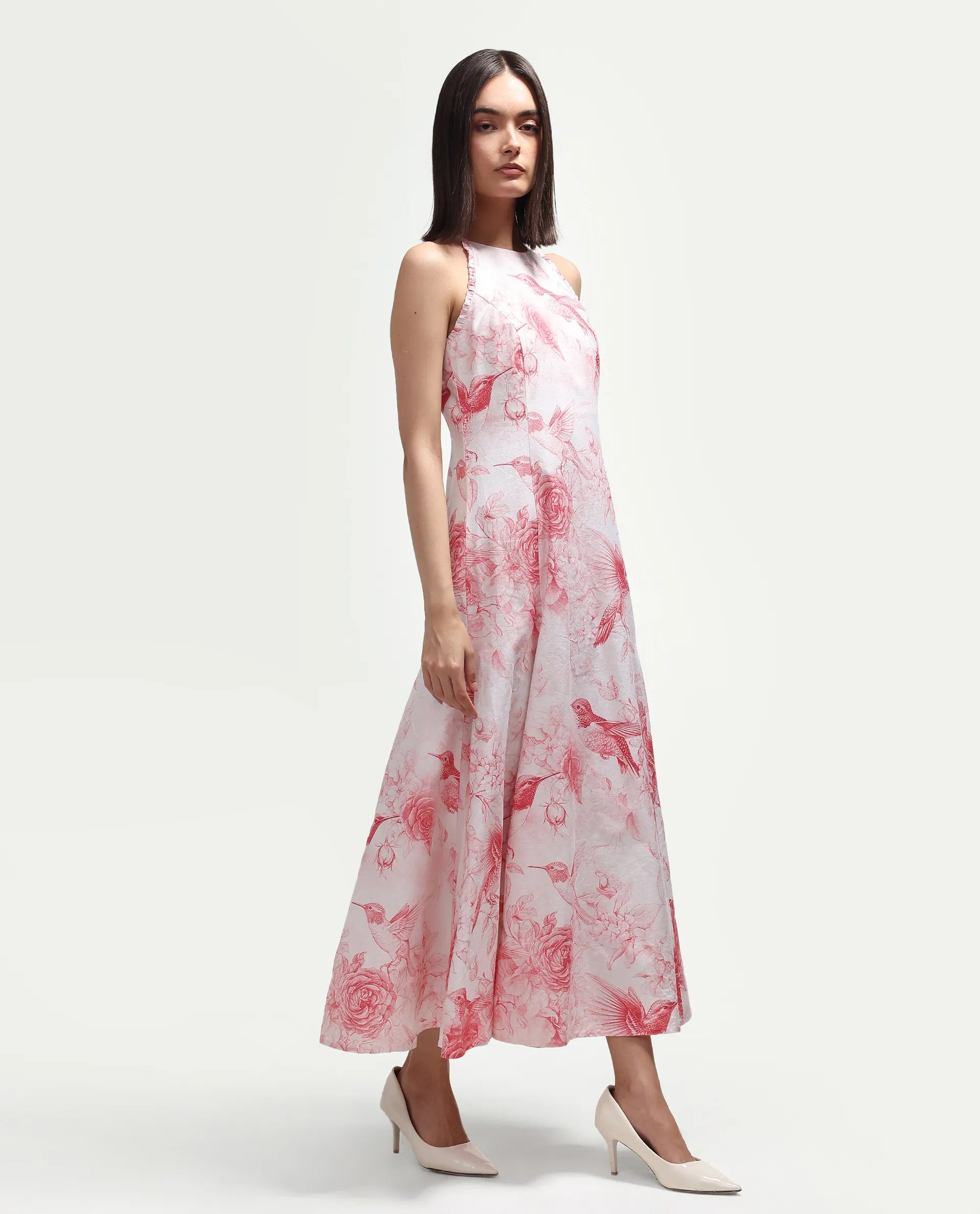 Rareism Women's Hedi Off White Cotton Halter Neck Fit And Flare Floral Print Dress